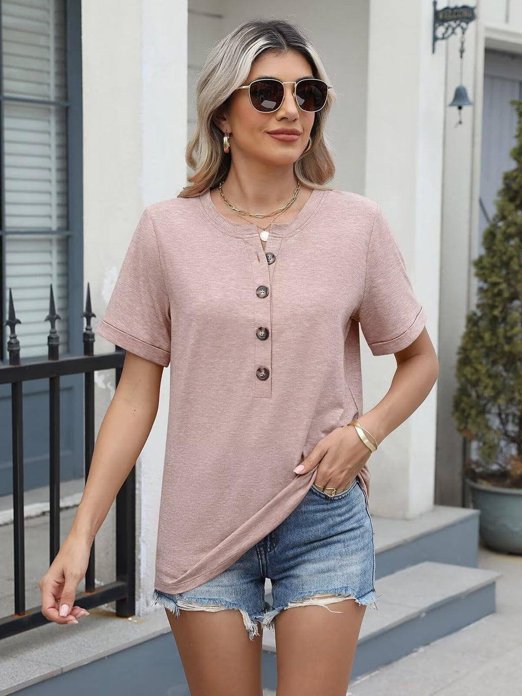 EADINVE Womens Tshirts Crew Neck Short Sleeve Summer Buttons Tops Casual Roll Sleeve Basic Tee Shirts Trendy Loose Fit Apricot