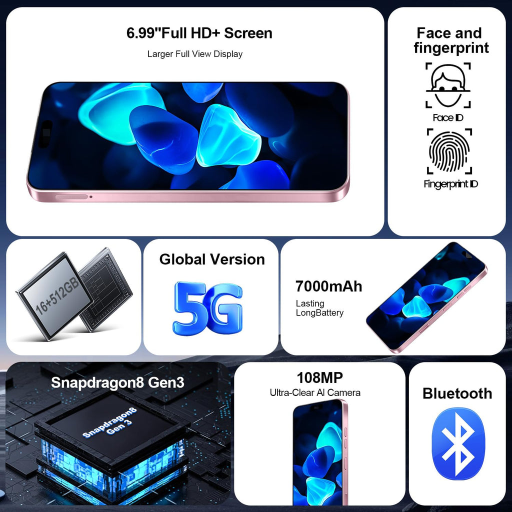 QPWOEIB 16PM 5G Cell Phone,Smartphone Unlocked Cell Phone 16GB+512GB/6.99" Display/68MP+108MP Camera/7000 mAh Battery Super Endurance, Dual SIM Card/Face Unlock/GPS (Pink)