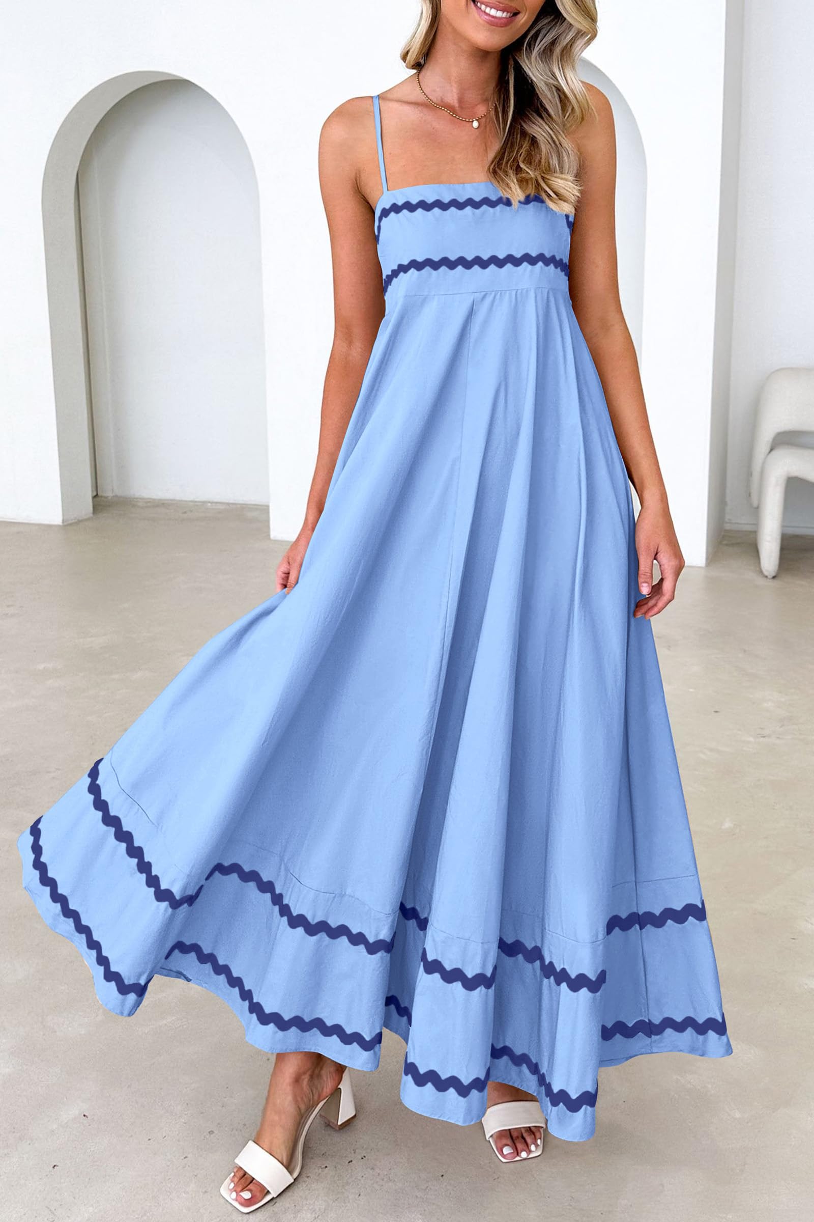PRETTYGARDEN Women's 2025 Summer Flowy Maxi Dress Casual Sleeveless Spaghetti Strap Ruffle Beach Long Dresses (Light Blue,Large)