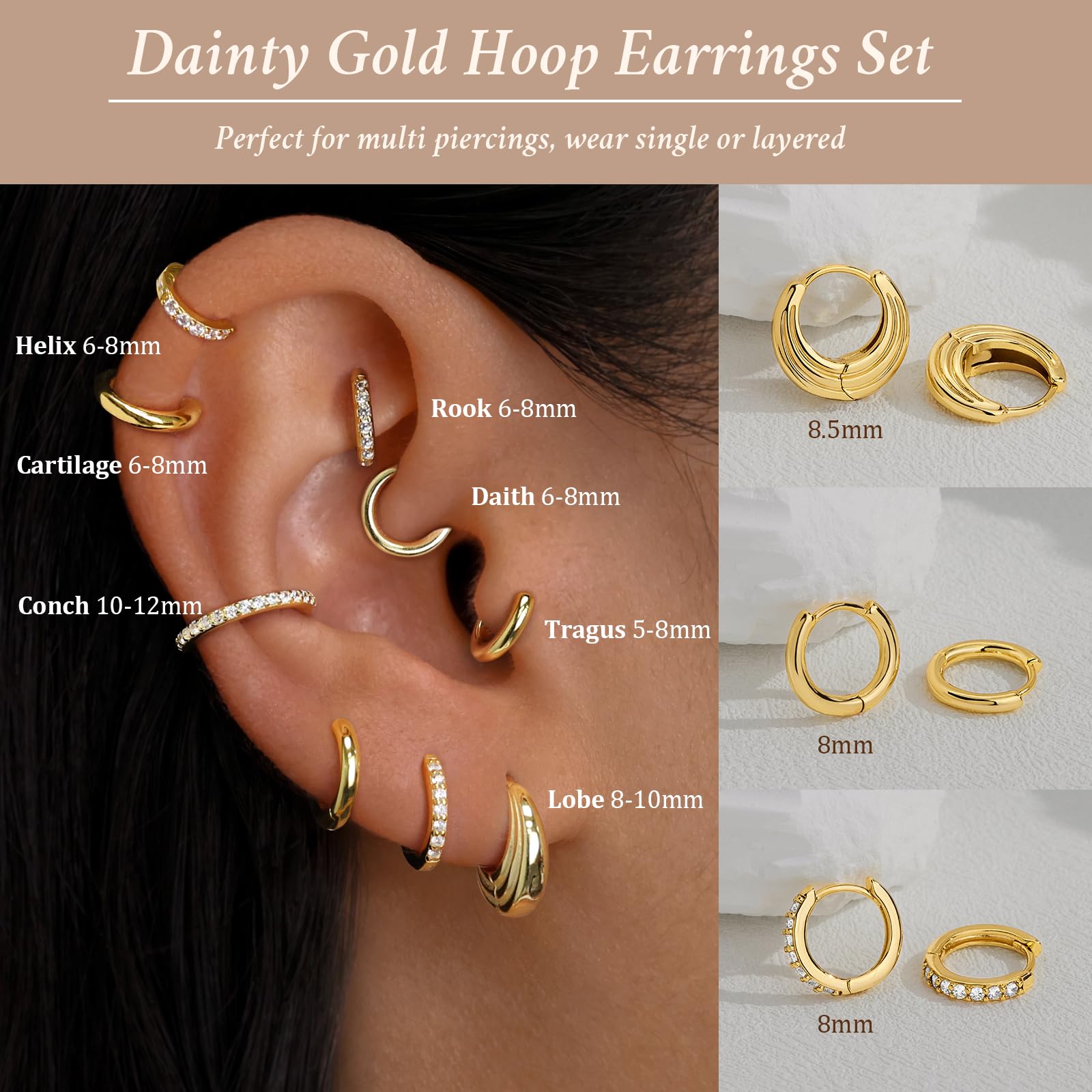 Poxtex Small 14K Gold Plated Huggie Hoop Earrings Set for Women, Hypoallergenic Trendy Hoops Stacks for Multiple Piercings, Dainty Cute Mini Lightweight Cartilage Helix Jewelry Gift Sensitive Ears