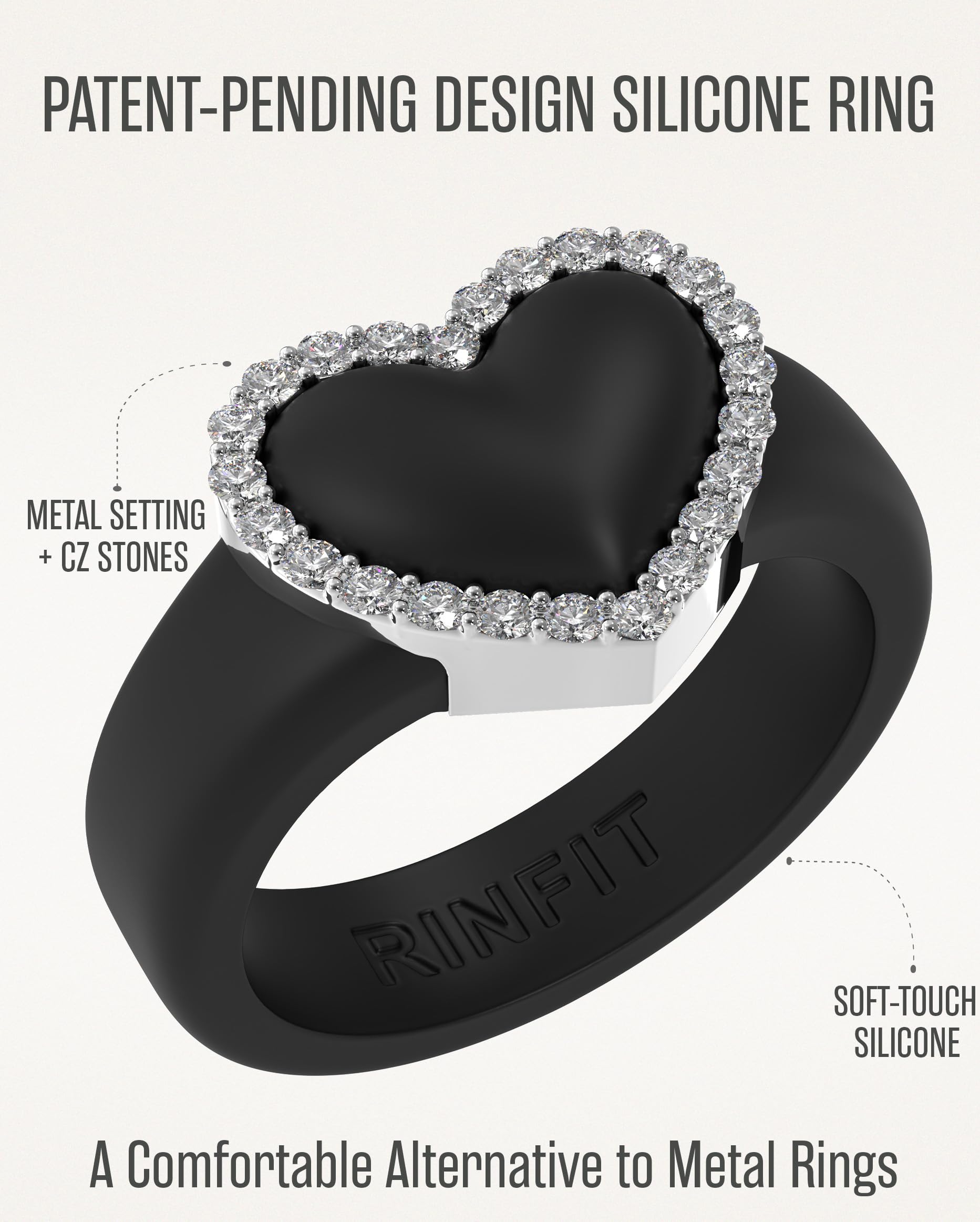 Rinfit Women's Silicone Wedding Band with Stones - Heart Ring with Cubic Zirconia - Black/Silver, Size 8