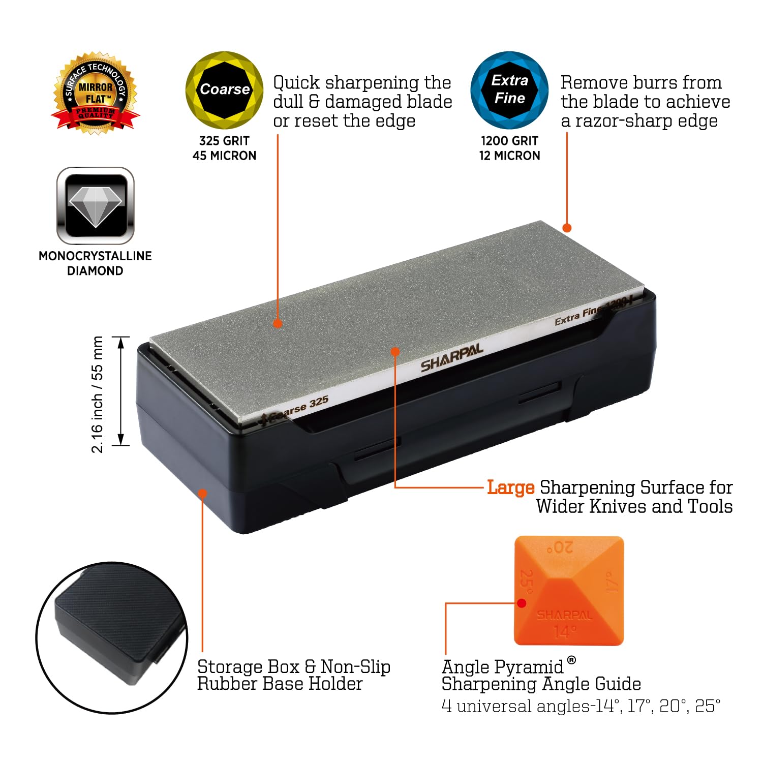 SHARPAL 162N Double-sided Diamond Sharpening Stone Whetstone Knife Sharpener |Coarse 325 / Extra Fine 1200 Grit | Storage Case with NonSlip Base & Angle Guide (8 in. x 3 in.)
