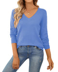 QUALFORT Women's 100% Cotton V-Neck Sweater, Basic Lightweight Long Sleeve Pullover Blue Medium