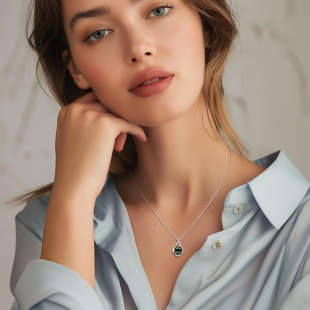 FANCIME Gift for Women Wife Natural Tahitian Pearl Necklace Sterling Silver Vahine Charm 10-12MM Black Pearl Luxury Jewelry Gift for Women, Mother, Wife, 16"+2" Adjustable