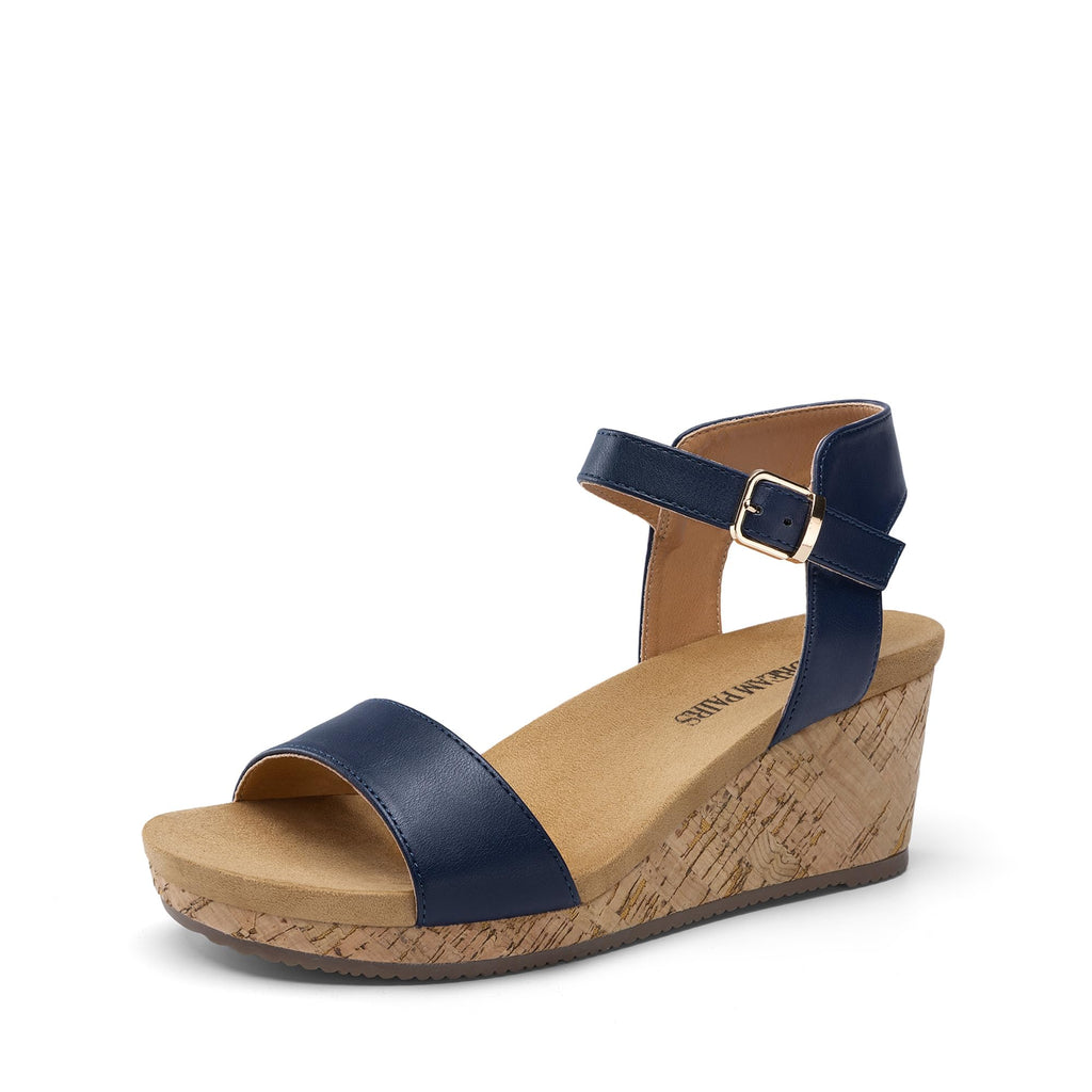 DREAM PAIRS Women's Open Toe Buckle Ankle Strap Platform Wedge Sandals for Women Summer Dressy Shoes,Size 7.5,Navy,NINI-8