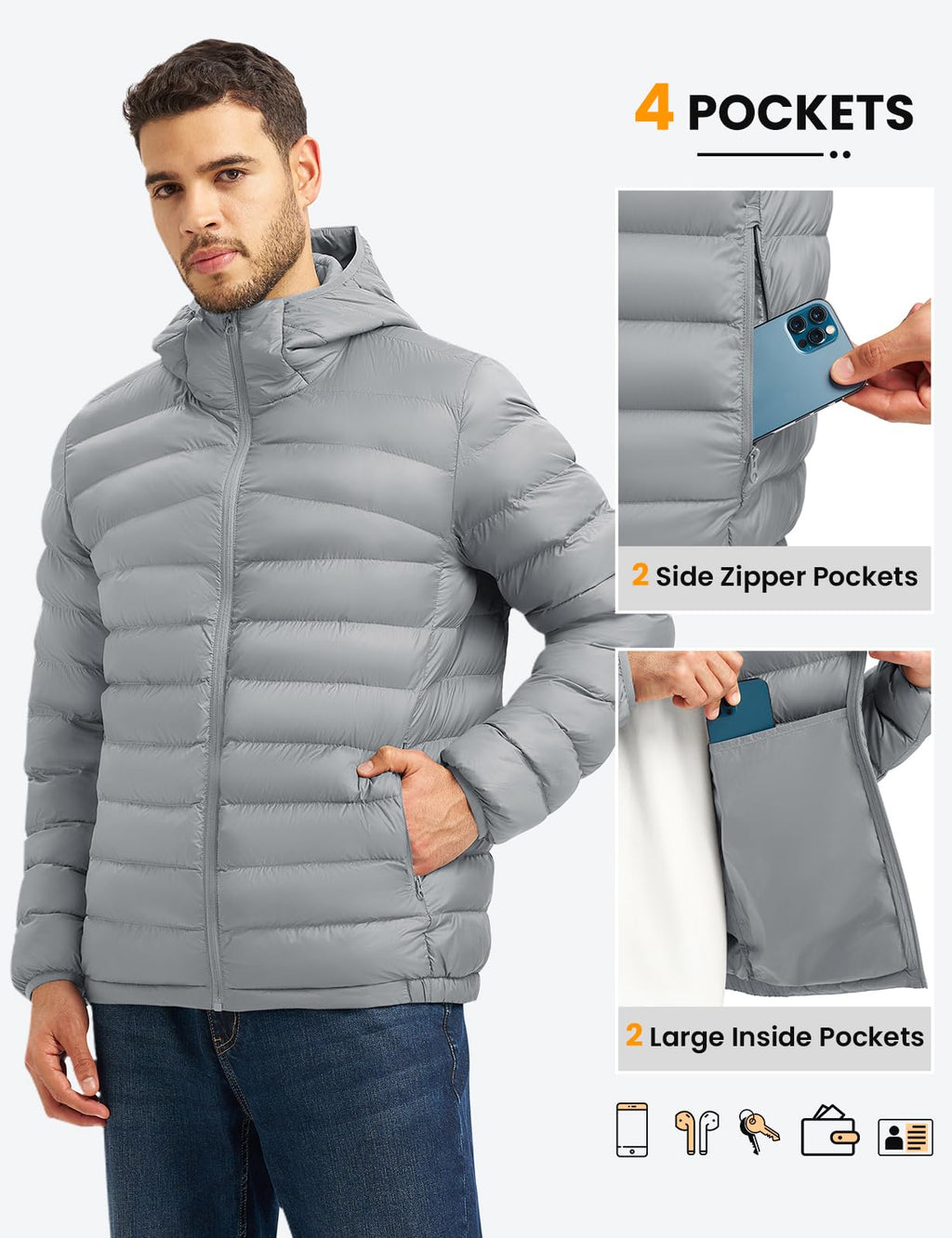 TBMPOY Mens Lightweight Packable Puffer Jackets with Hood Winter Bubble Coat Water-Resistant Puffy Jacket for Hiking Travel Ski Light Grey L