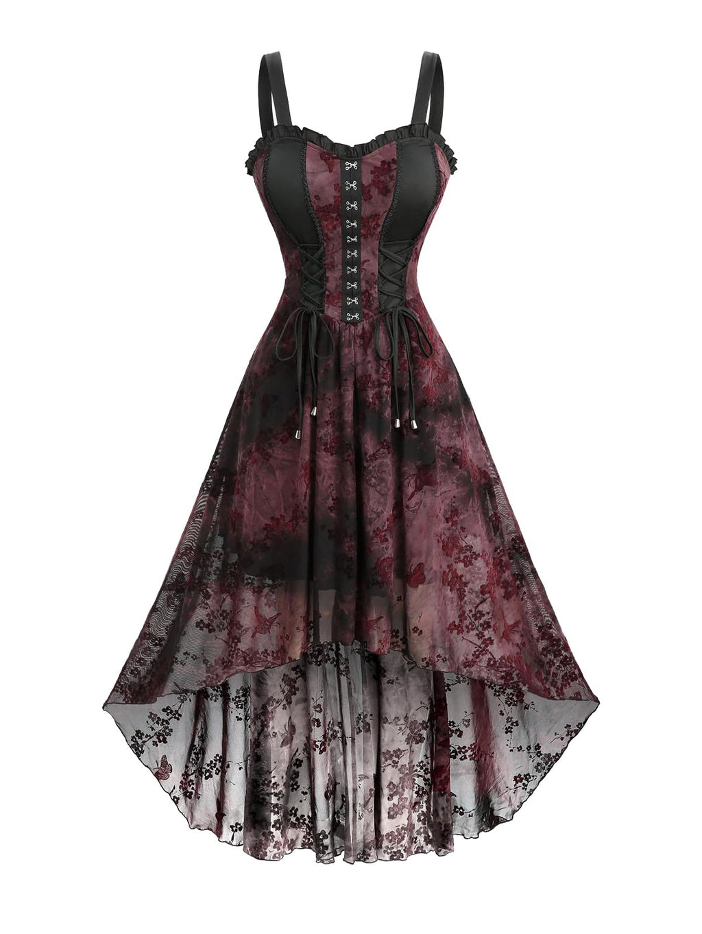 ROSE GAL Women Plus Size Renaissance Steampunk Corset Dress Flocking Ruffles Hook-and-Eye High Low Retro Victorian Goth Dress(Red_1/1X)