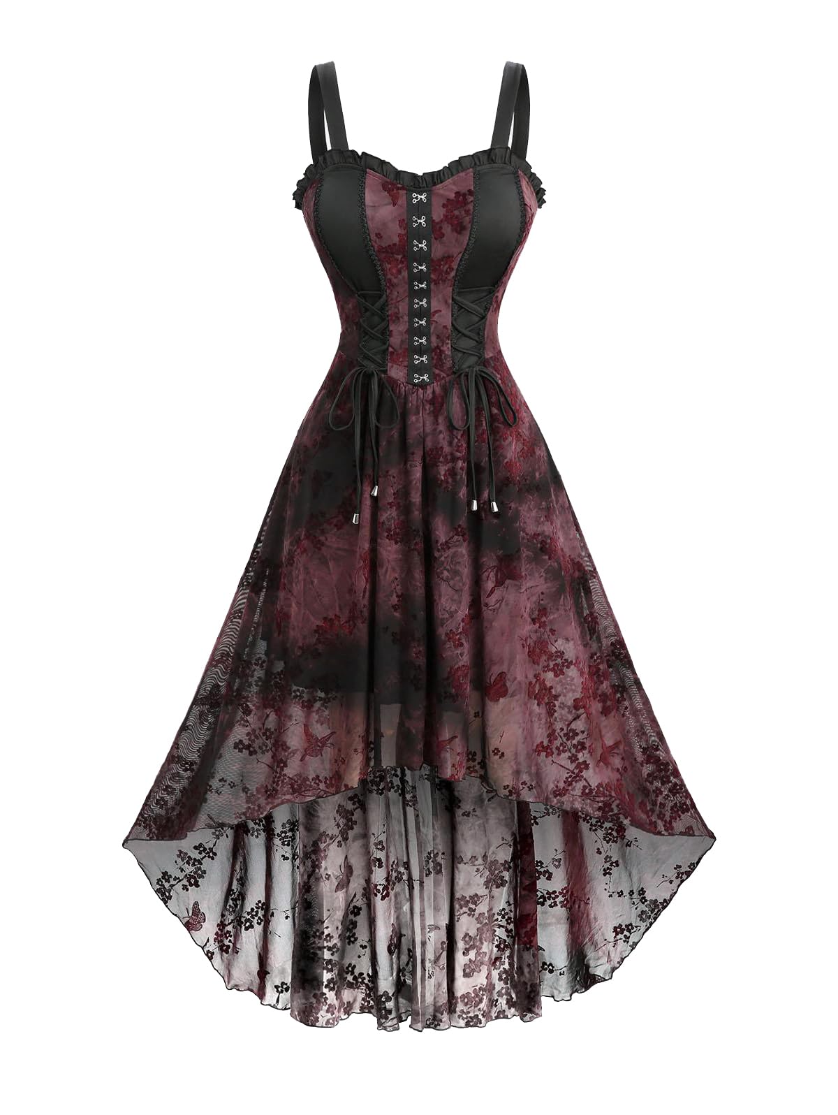 ROSE GAL Women Plus Size Renaissance Steampunk Corset Dress Flocking Ruffles Hook-and-Eye High Low Retro Victorian Goth Dress(Red_1/1X)