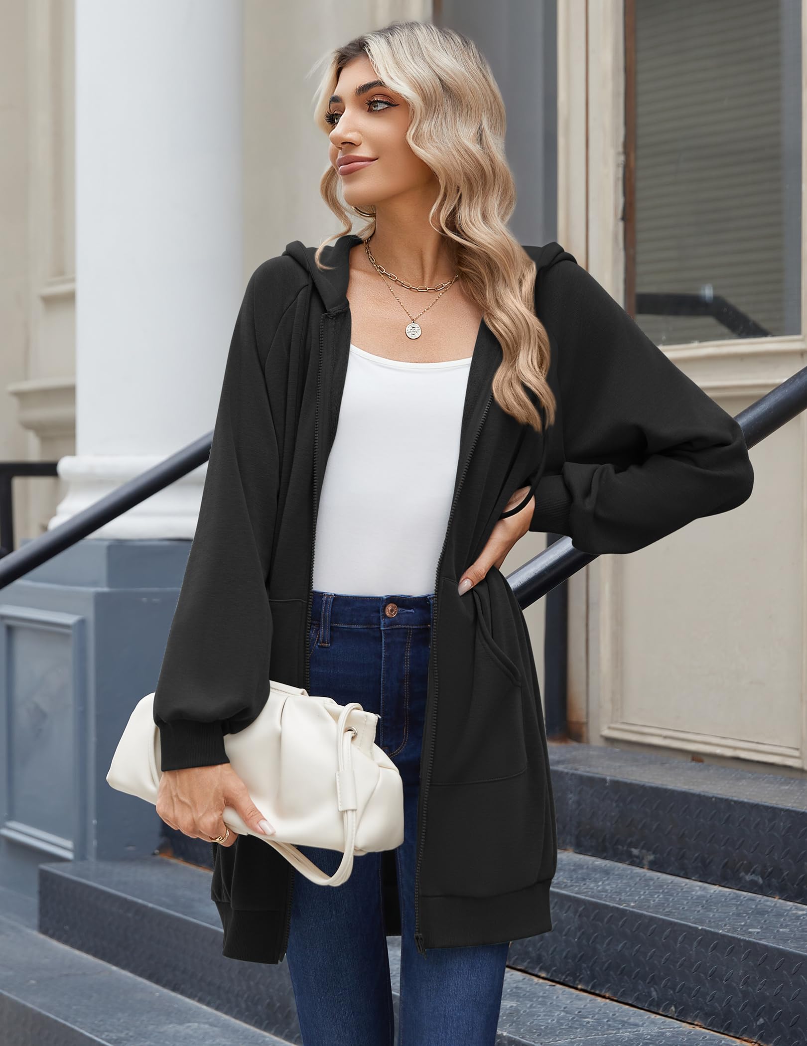 Zeagoo Women's Zip Up Hoodies Long Tunic Sweatshirts Long Sleeve Oversized Fleece Casual 2026 Fall Jacket Coat with Pocket Black XXL