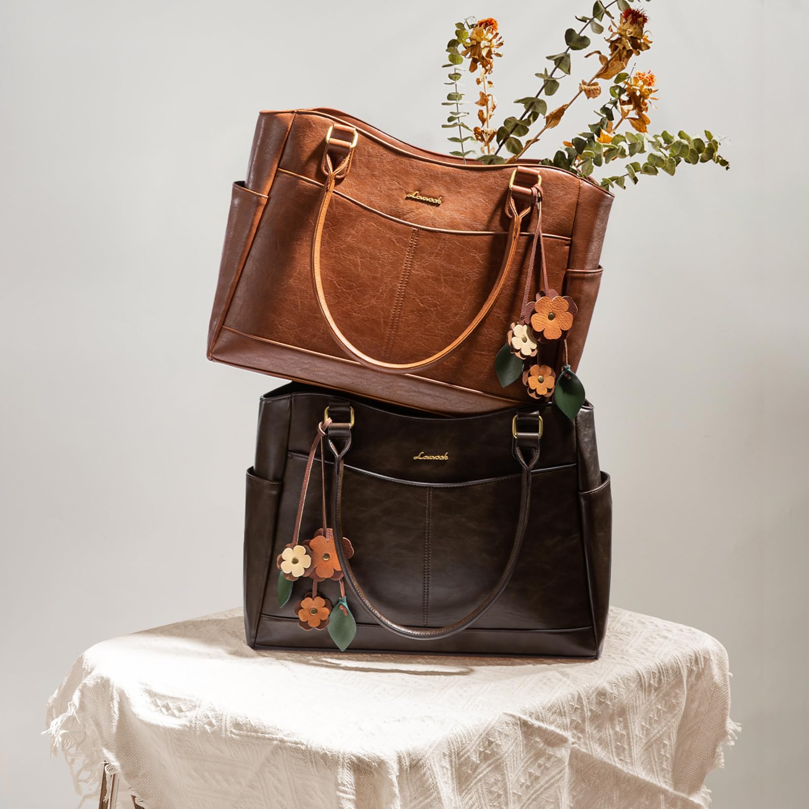 LOVEVOOK Laptop Bag for Women, 15.6inch Original Vintage Work Tote Bag Computer Office Teacher Bag with Large Cup Holder, Brown