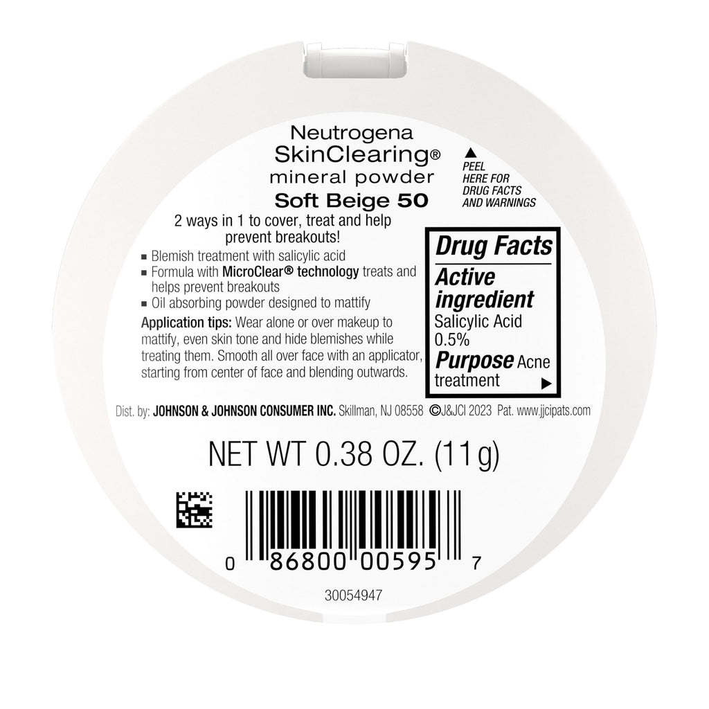 Neutrogena SkinClearing Pressed Mineral Powder Compact for Acne Prone Skin, Oil Absorbing Acne Makeup with Salicylic Acid helps to Cover, Treat & Prevent Breakouts, Soft Beige 50, .38 oz