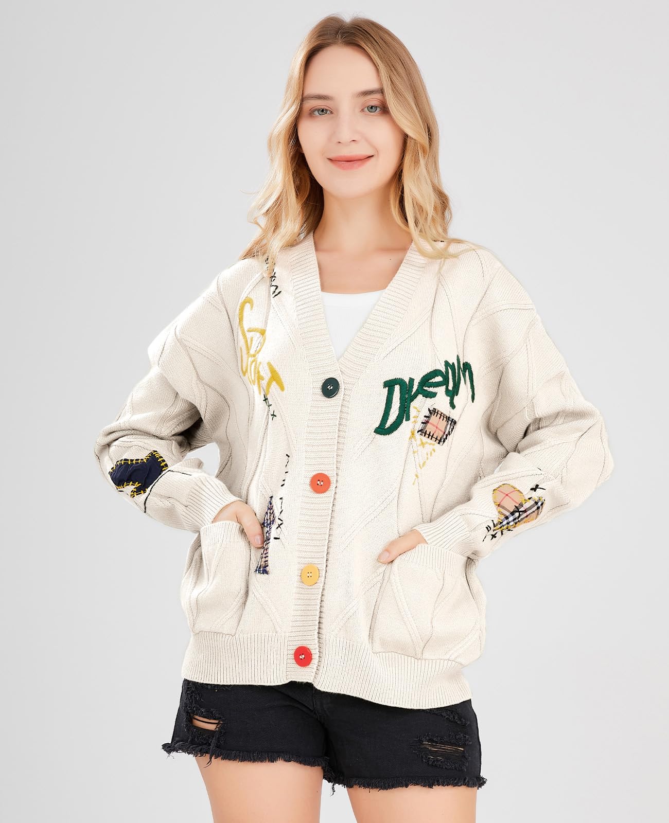 Women's Cable Knit Long Sleeve Open Front Cardigan Sheep V-Neck Button Down Embroidery Wool Blend Sweater Coat Outwear (L,Beige)