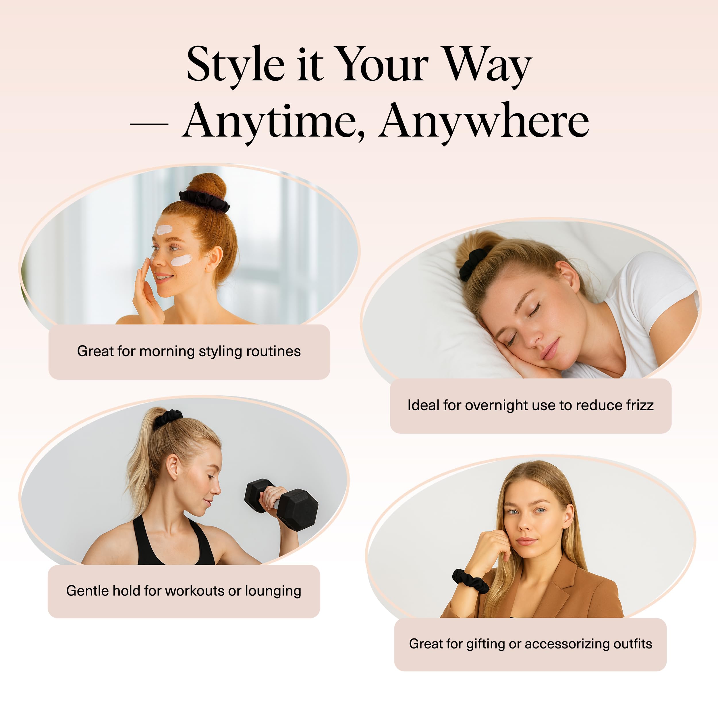 Kitsch Satin Scrunchies for Women – No Crease Hair Ties – Soft Satin Hair Scrunchies for Girls – Frizz Free, Gentle, Stylish Hair Accessories | Ideal Gifts for Women – Black, 5 pcs