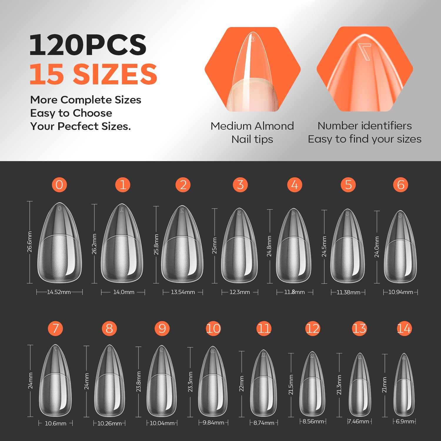 modelones Pro Luxe Instant Nail Apex Tips 15 Sizes, Medium Almond Extension Gel Tips Pre-building & Pre-etched Thicker Strength Acrylic Fake Nails Full Cover 120 Pcs