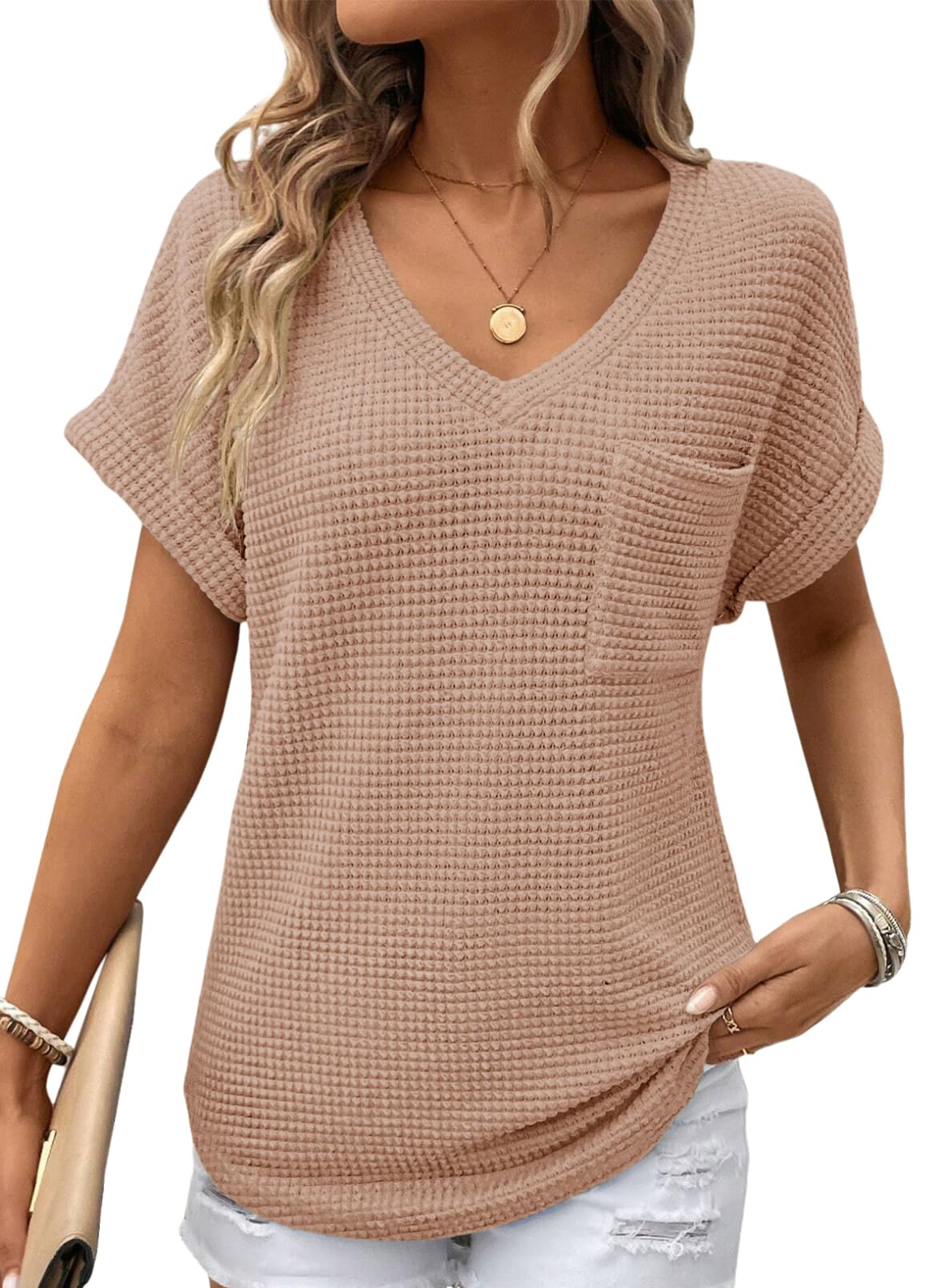Dokotoo Summer Tops for Women Blouses 2026 Spring Trendy Fashion Fall Ladies Womens Dressy Casual Tops Women's Clothing Waffle Knit Clothes Short Sleeve Cruise Outfits Plus Size Basic T Shirts