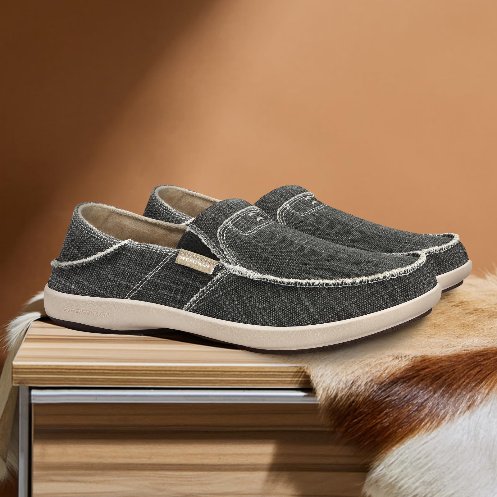 Mens Slip On Shoes, Canvas Mens Loafers with Arch Support, Orthopedic Mens Boat Shoes for Plantar Fasciitis, Indoor & Outdoor Walking Slippers Shoes for Pain Relief (9.5, Black)