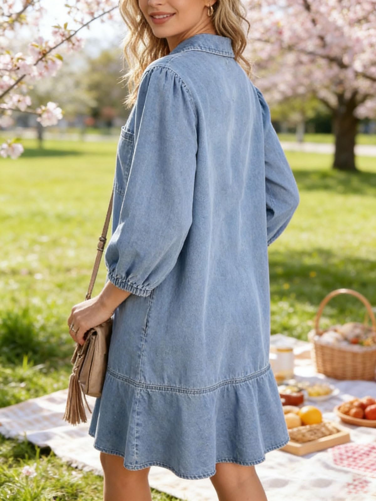 CHARTOU Women 3/4 Sleeve Ruffle Denim Dress Summer Collared V Neck Loose Shirt Jean Dress with Pockets (Large, Light Blue)