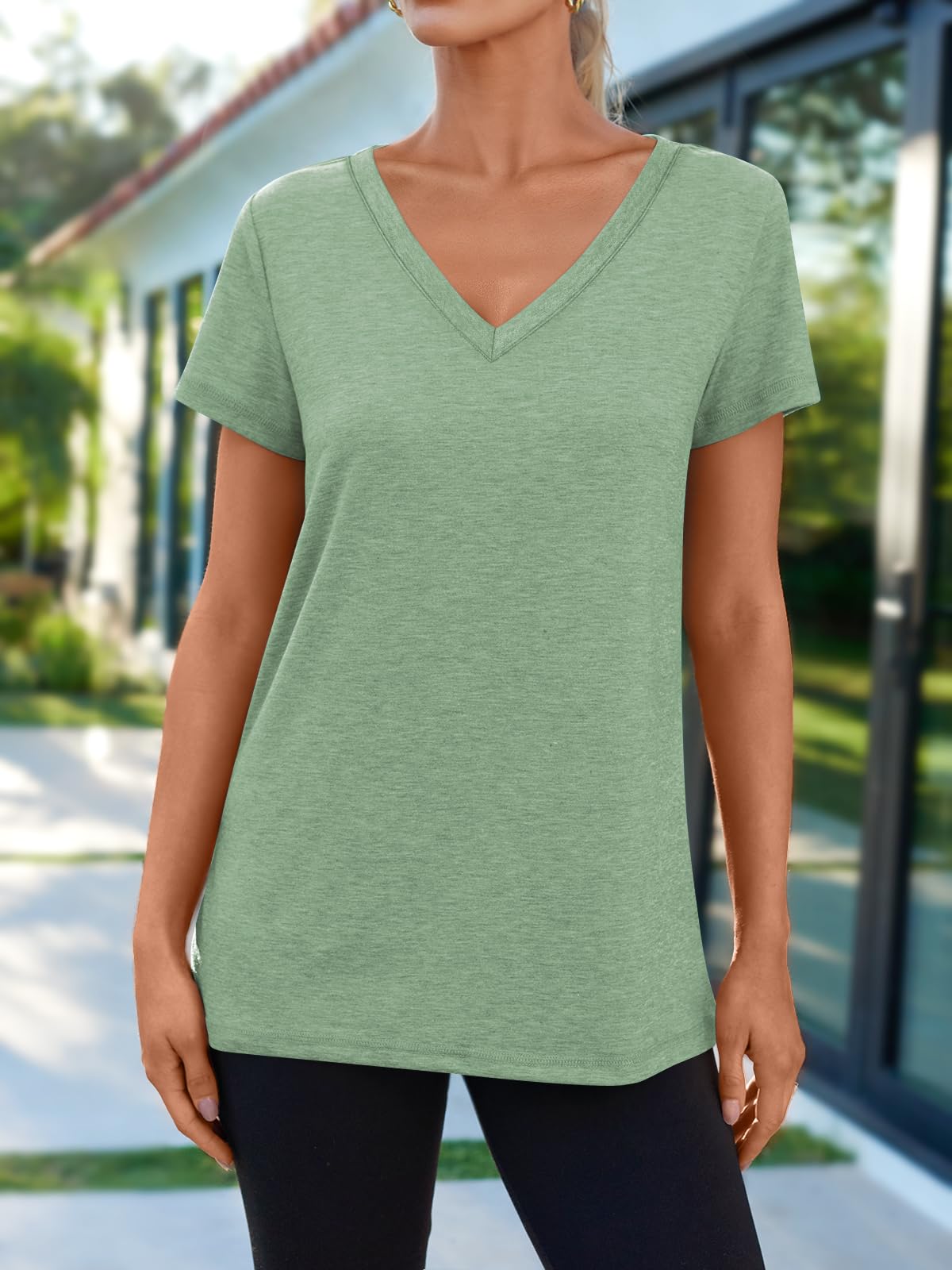 AUTOMET Womens Summer Tops School Outfits Short Sleeve Casual V Neck T Shirts Tees Tunic Fashion Trendy Comfy Clothes 2026 Green M