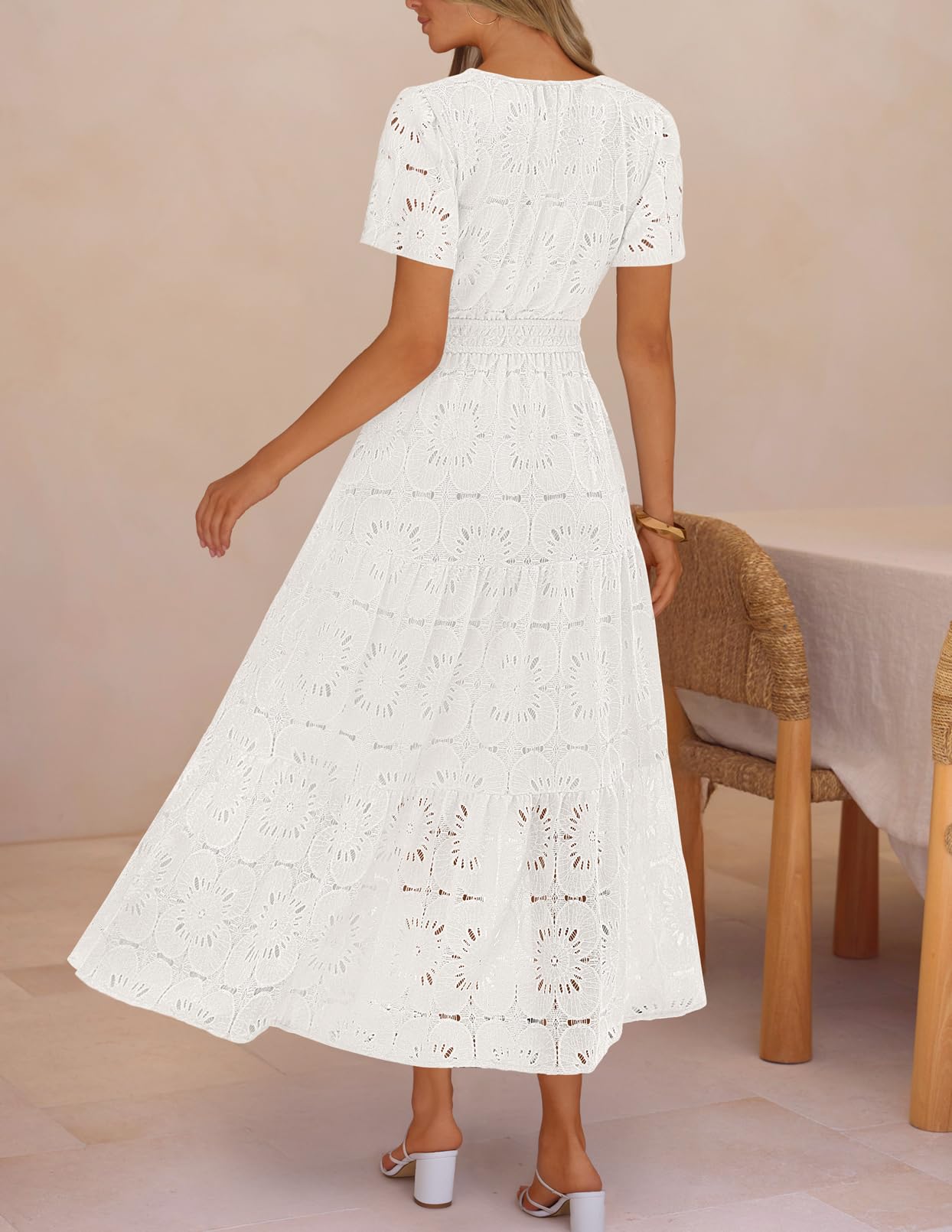 MEROKEETY Women's Summer Floral Maxi Dress 2026 Spring Boho Vacation Eyelet Lace Short Sleeve A Line Tiered Flowy Dresses, White, Medium