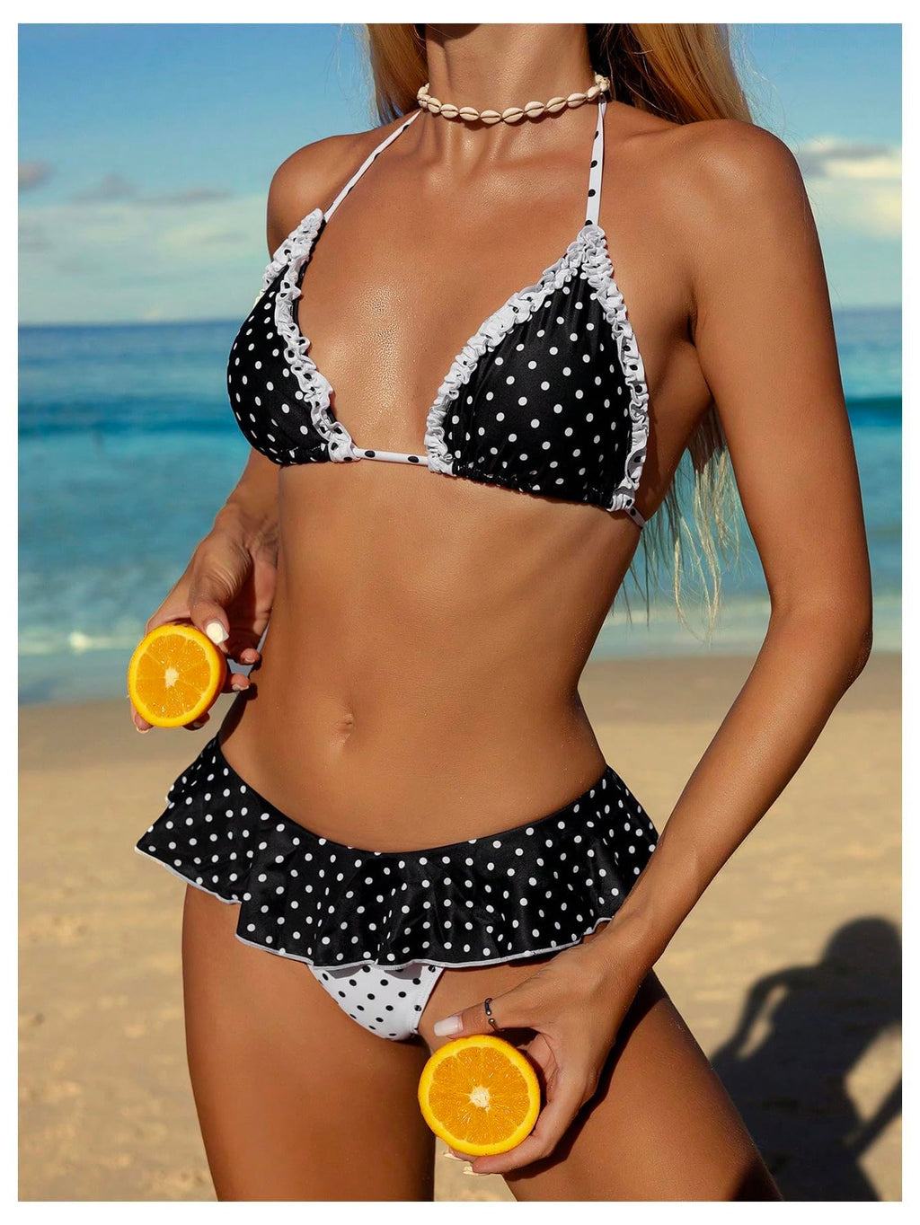 WDIRARA Women's Polka Dots Bikini Sets Ruffle Triangle 2 Piece Swimsuit Tie Backless Bathing Suit Black and White X-Small