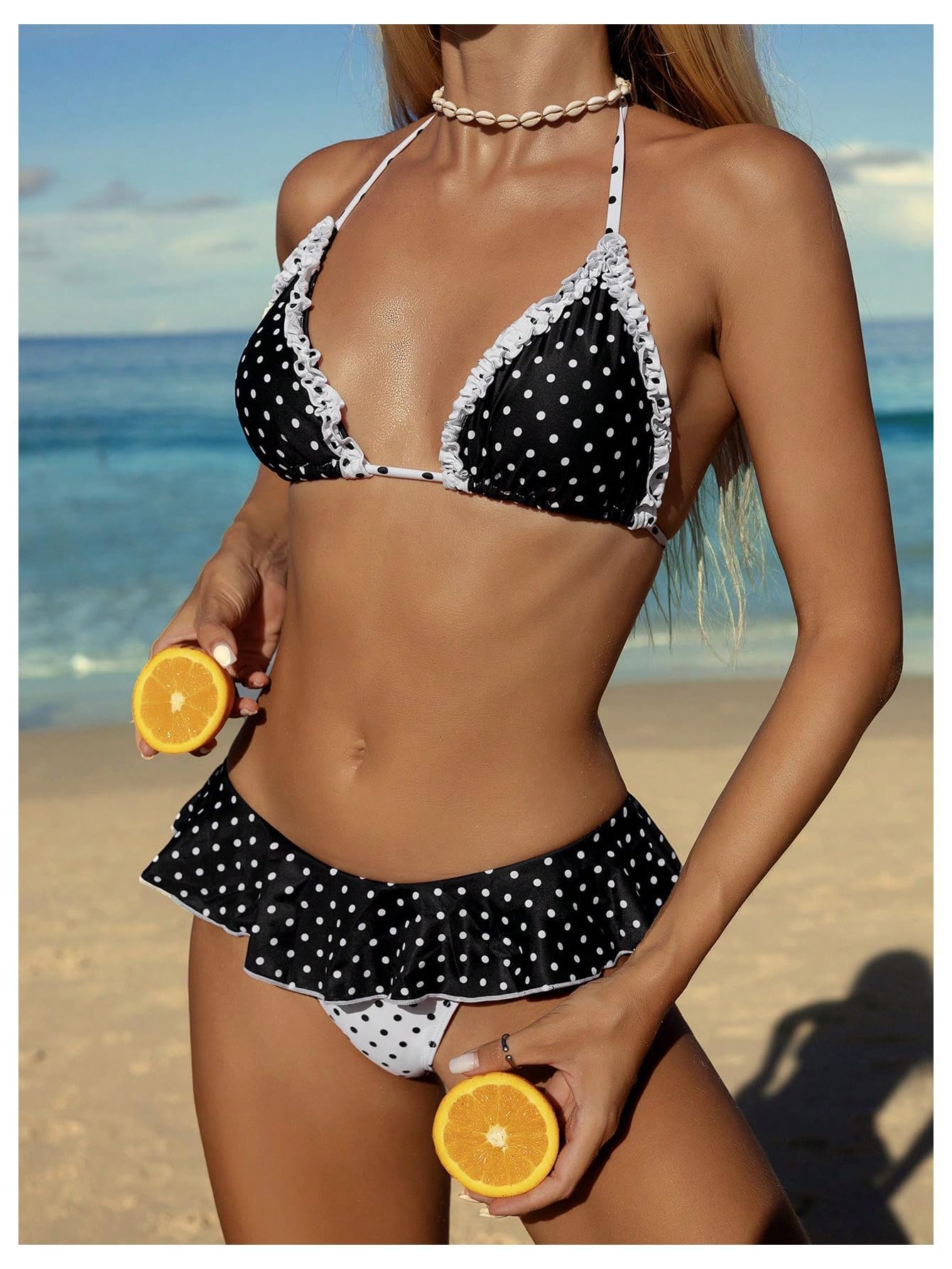 WDIRARA Women's Polka Dots Bikini Sets Ruffle Triangle 2 Piece Swimsuit Tie Backless Bathing Suit Black and White X-Small