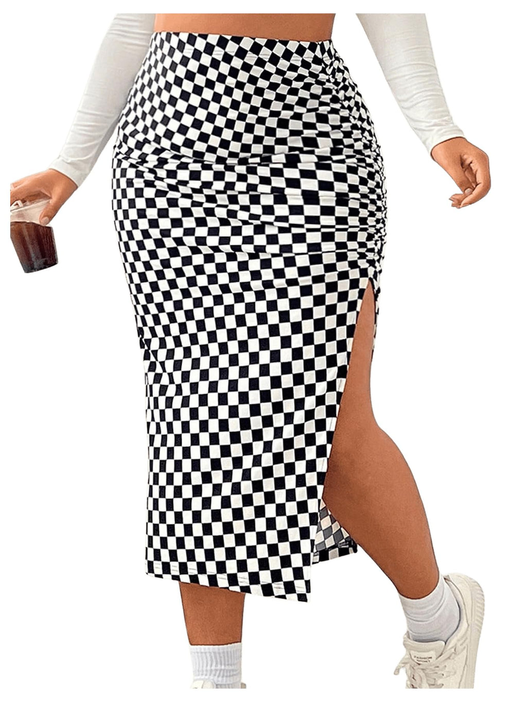 WDIRARA Women's Plus Size Checkered Ruched Midi Skirt High Waist Split Thigh Pencil Skirts Black and White X-Large Plus