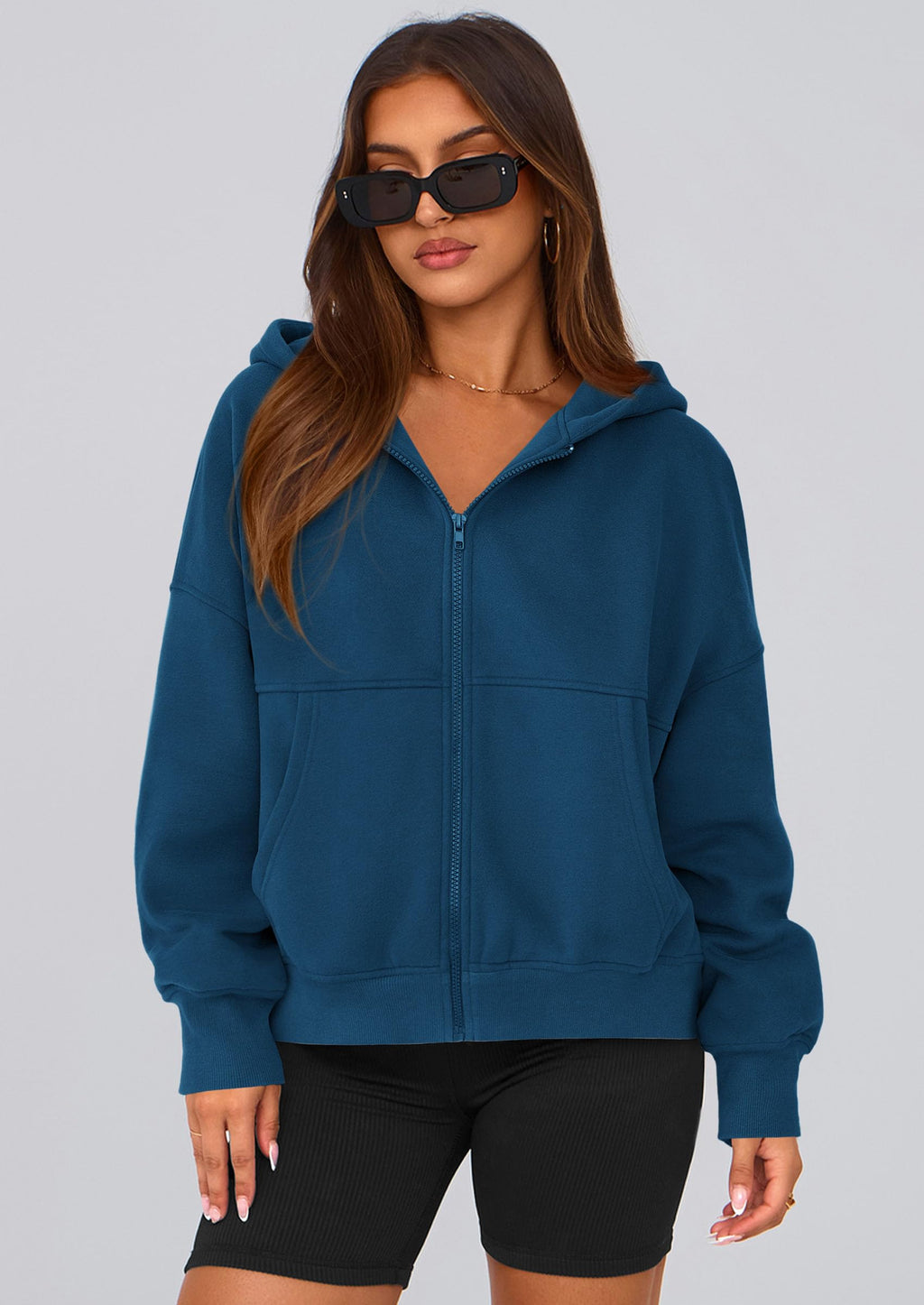 PRETTYGARDEN Women's Zip Up Y2K Hoodies 2026 Fall Fashion Long Sleeve Hooded Fleece Sweatshirts Casual Jacket Winter Clothes (Dark Blue,Medium)