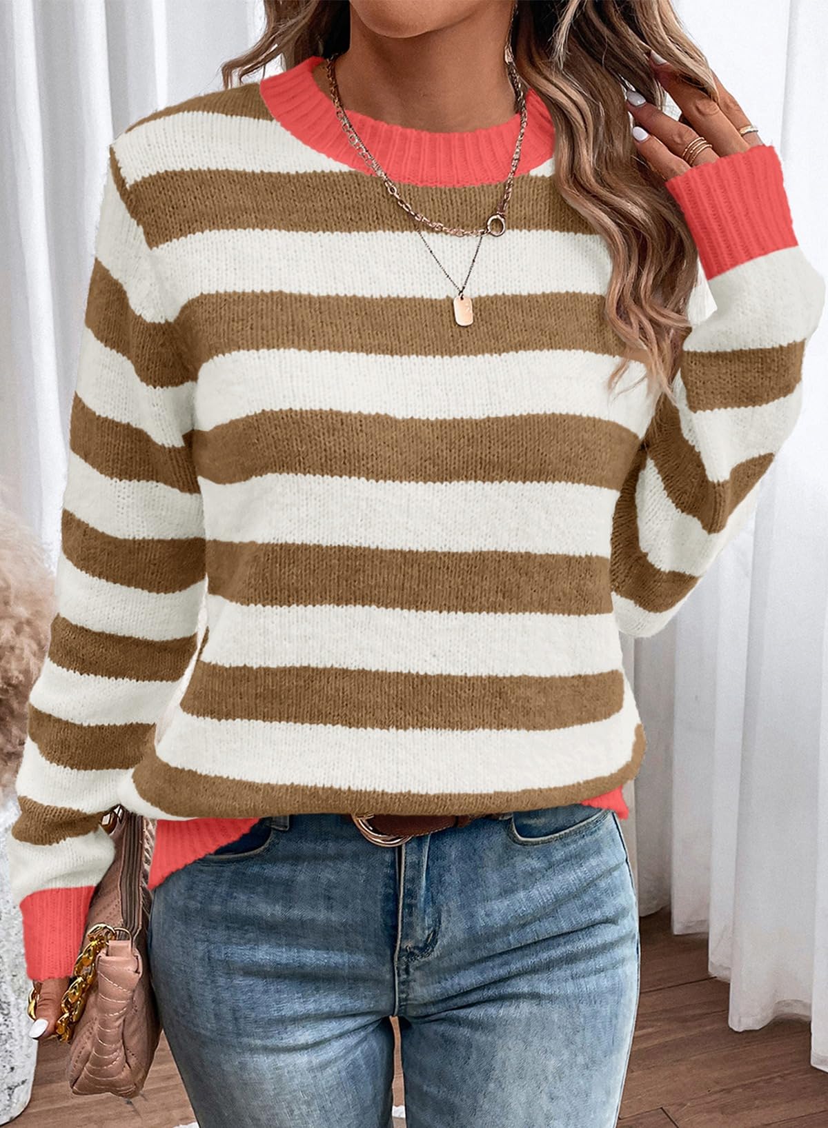Dokotoo Sweaters for Women Trendy Crew Neck Striped Color Block Casual Loose Fall Outfits Knitted Tops Lightweight Cute Ladies Holiday Pullover Sweater Fall Clothes for Women 2025 Khaki Stripe Medium