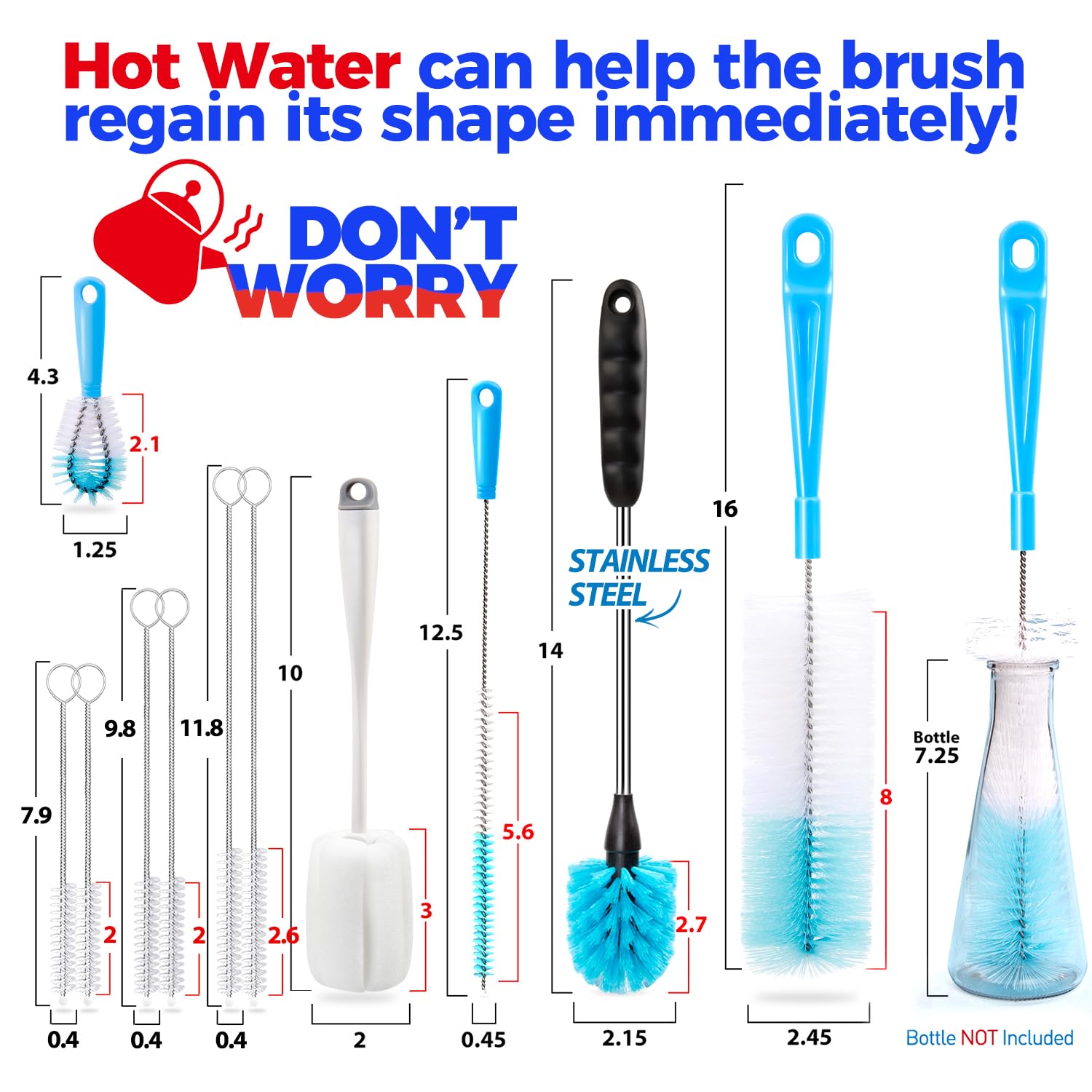 Holikme Bottle Brush Tube Cleaning Lab Set with Long Handle, Cup Cleaner for Washing Narrow Neck Beer Wine Decanter Pipes Lids Sinks Cap Covers, White