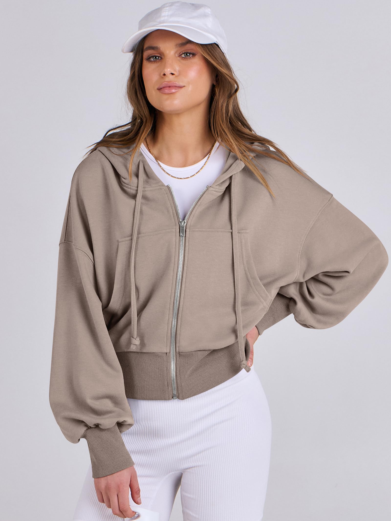ANRABESS Womens Zip Up Hoodies Cropped Sweatshirts Casual Comfy Cute Zip Jackets Fashion Trendy Fall Outfits 2026 Y2K Clothes Khaki Medium