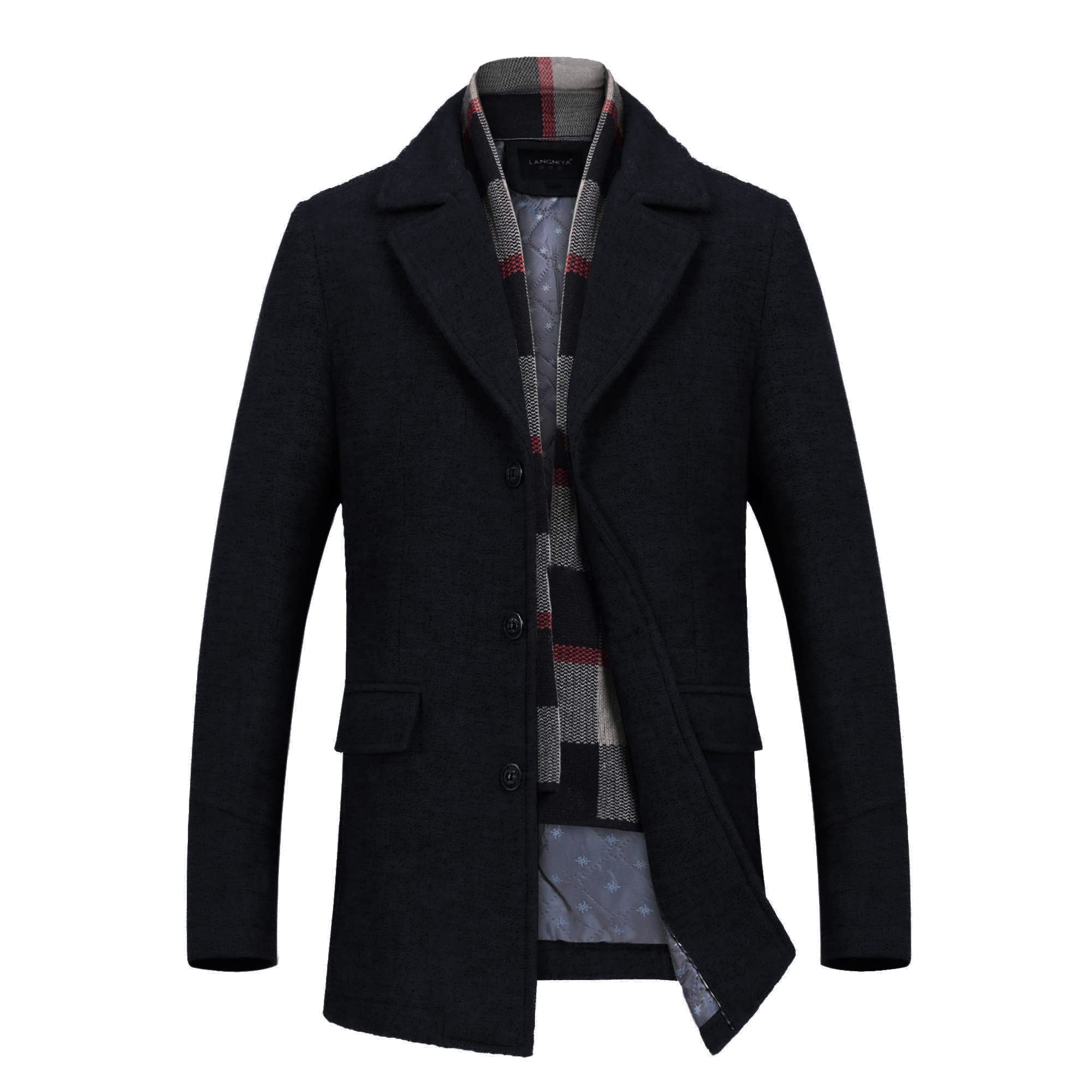 INVACHI Men's Wool Blend Coat Warm Winter Trench Coat with Detachable Soft Scarf Single Breasted Pea Coat