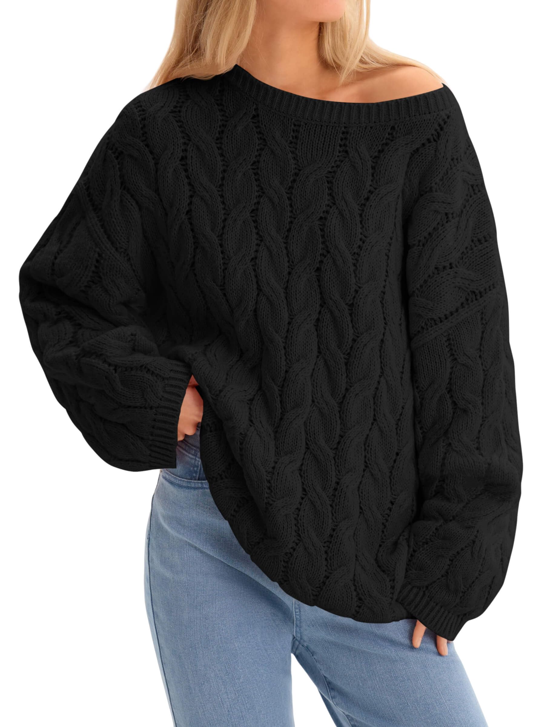 Cicy Bell Womens Oversized Cable Knit Sweaters Long Sleeve Crewneck Chunky Loose Fit Pullover Tops Black