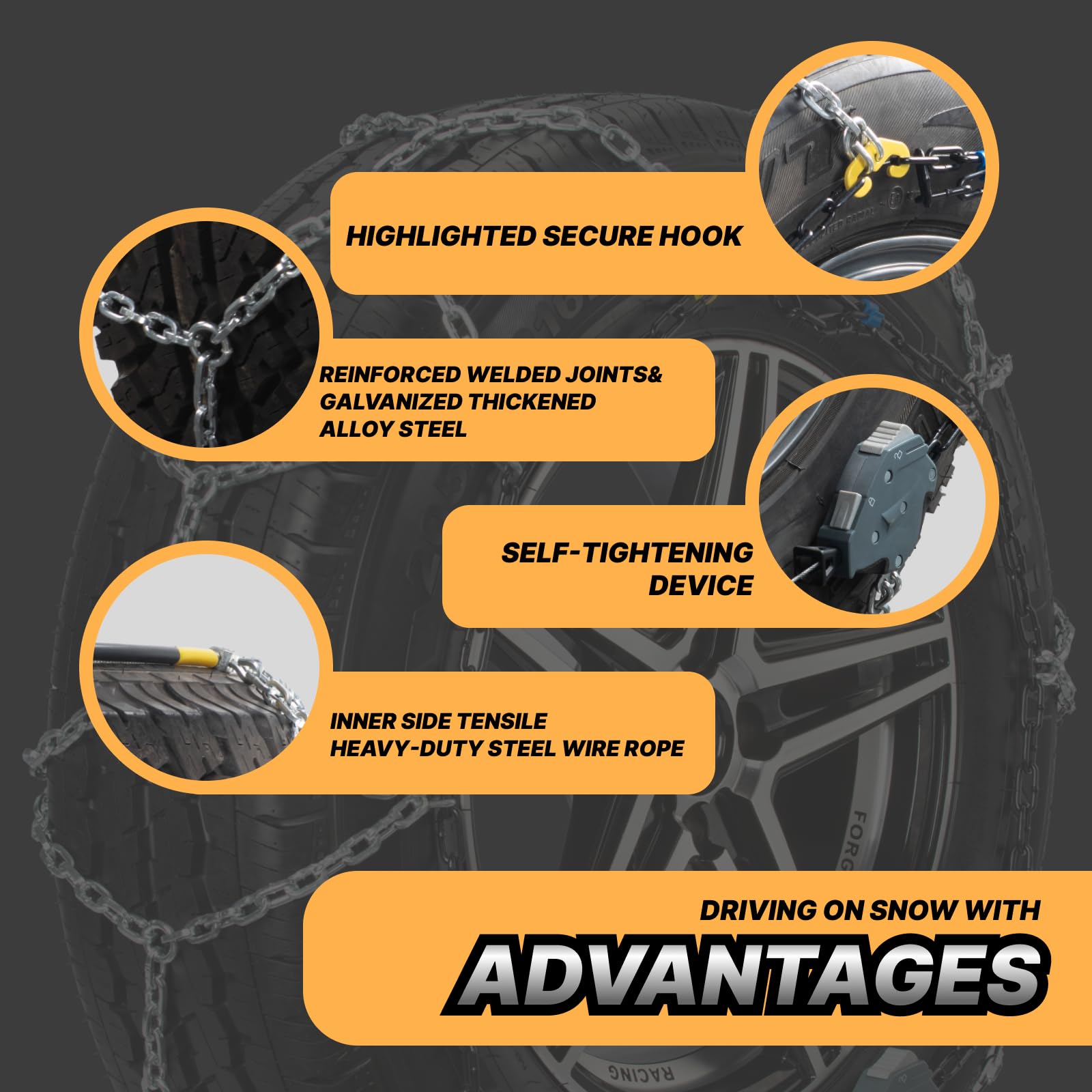 Auto Fixing Snow Chains for Car Tires, Tire Chains for Passenger Cars, Sedan, SUVs, Quick Fit & Easy Installation Snow Tire Chains, Portable Reusable Emergency Tire Traction Chain, Set of 2 (HPK-1553)