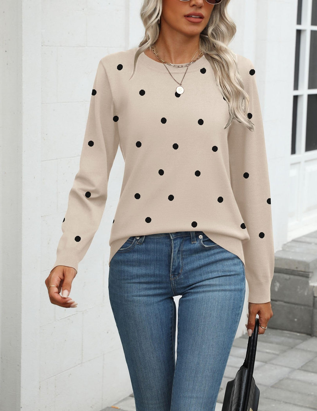 Zeagoo Womens 2026 Fall Sweaters Long Sleeve Tops Classic Crew Neck Pullover Sweaters Loose Dressy Polka Dot Basic Tops