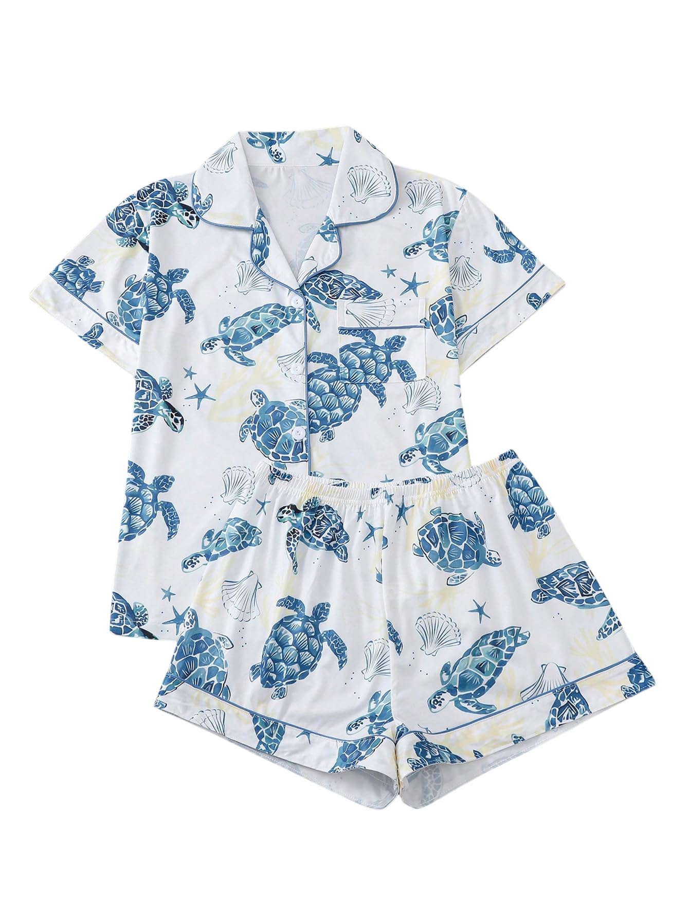 WDIRARA Women's 2 Piece Sea Turtle Graphic Pajama Set Button Down Short Sleeve Shorts Loungewear Pjs Sets White and Blue Large