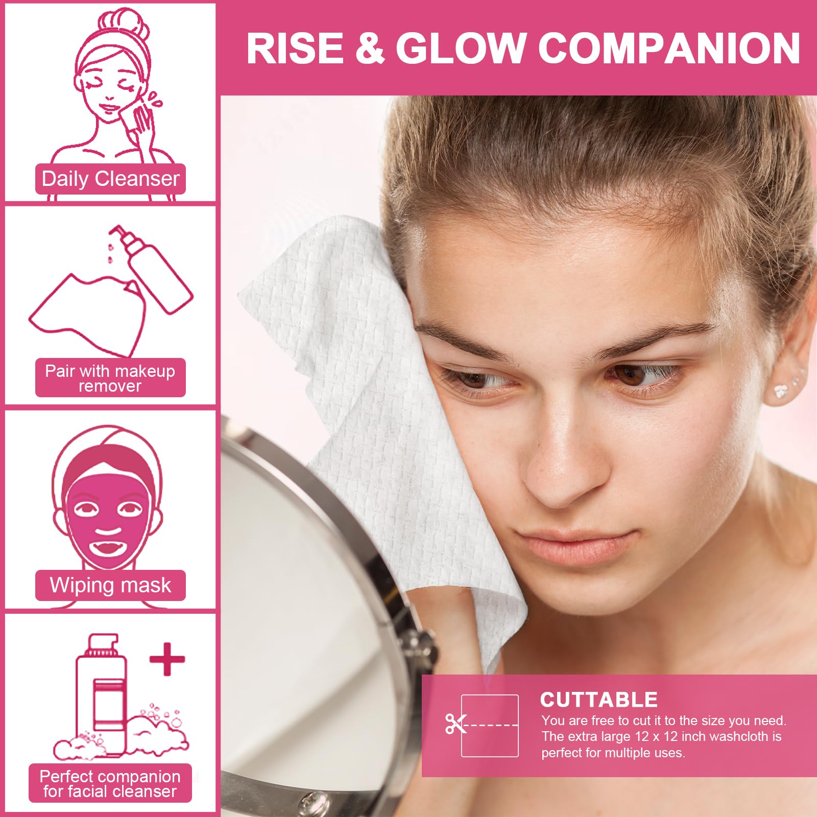 FACEMADE 60 Count XXL Disposable Face Towels 12" × 12", 100% USDA Biobased Face Towelettes Disposable, Clean Facial Towels for Makeup and Clean Skin, Super Soft and Thick Dry Wipes Club