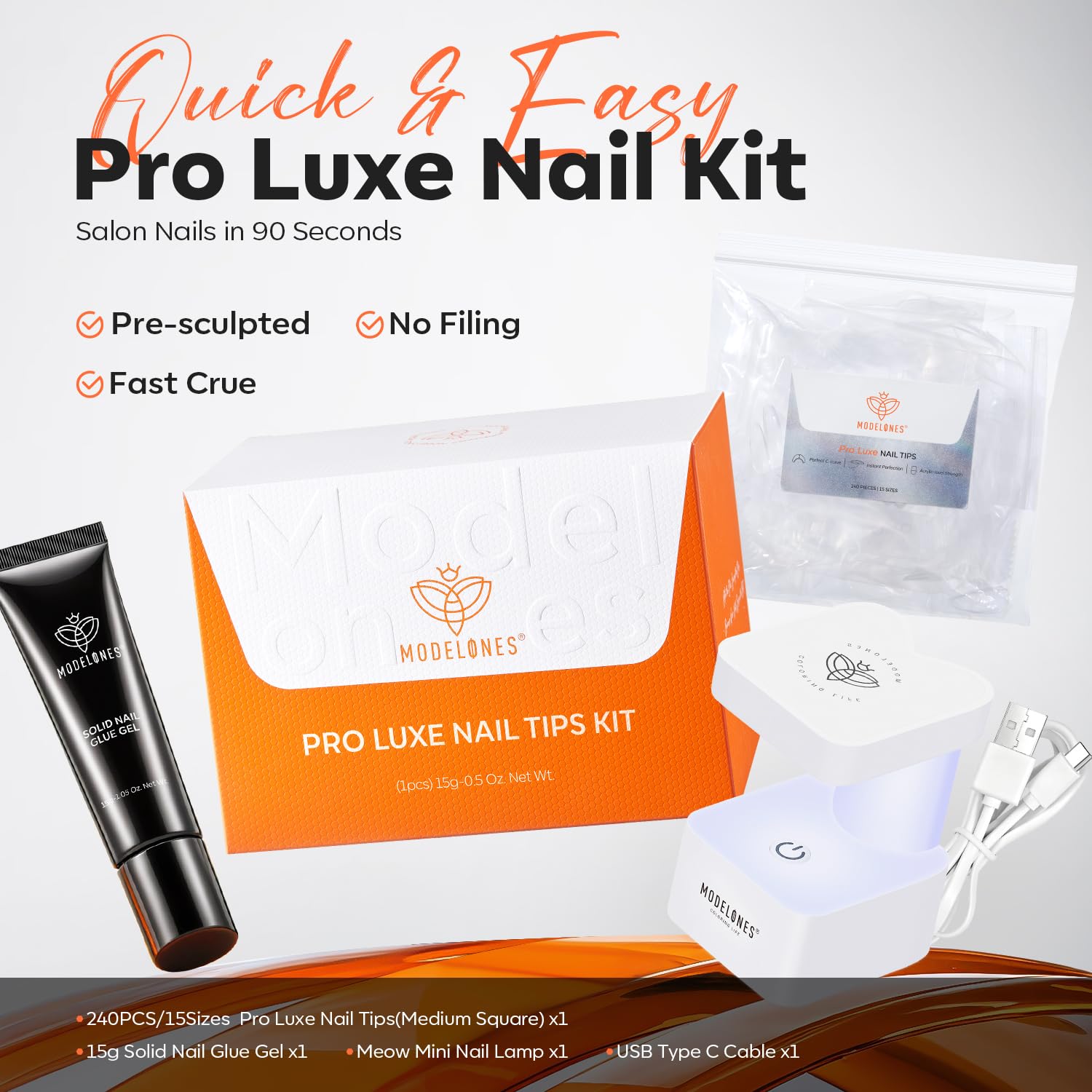 modelones X Nail Gel Kit Almond, 15Sizes Instant Apex False Nail Tips Solid Glue & Mini U/V Lamp, 240Pcs Medium Almond Pre-Building Thick Acrylic Press on Tips LED Light Extension Kit Women Gift