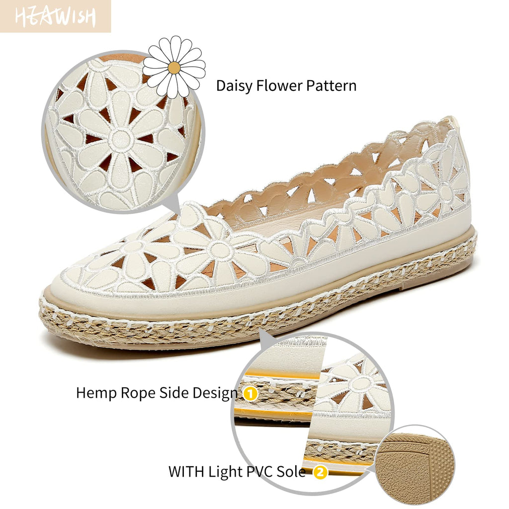 HEAWISH Women’s Ballet Flat Daisy Round Toe Dress Shoes Casual Slip On Rope Loafer(White, US7)