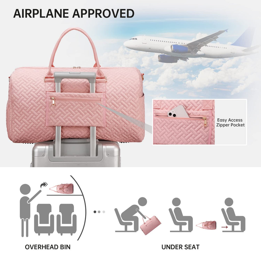 Duffle Bag for Travel, Weekender Bag with Shoe Compartment, Carry On Overnight Bag for Women with Toiletry Bag, 50L Gym Bag with Wet Pocket, Hospital Bags for Labor and Delivery Pink
