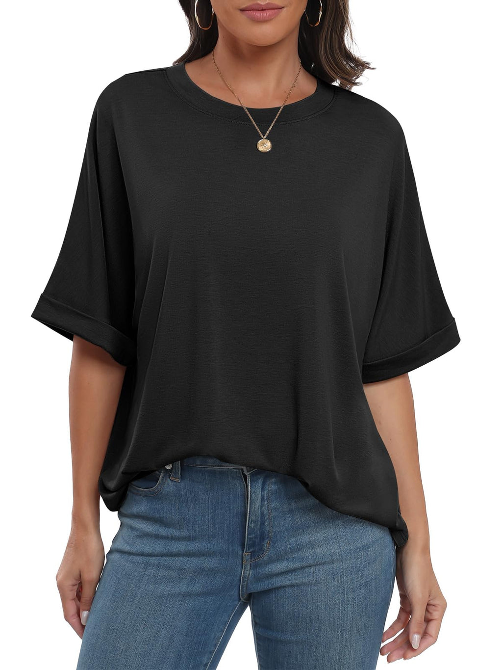 ANRABESS Womens Tops Oversized T Shirts Short Sleeve Crewneck Summer Casual Loose Basic Tee Shirt 2026 Trendy Fashion Clothes Black Large