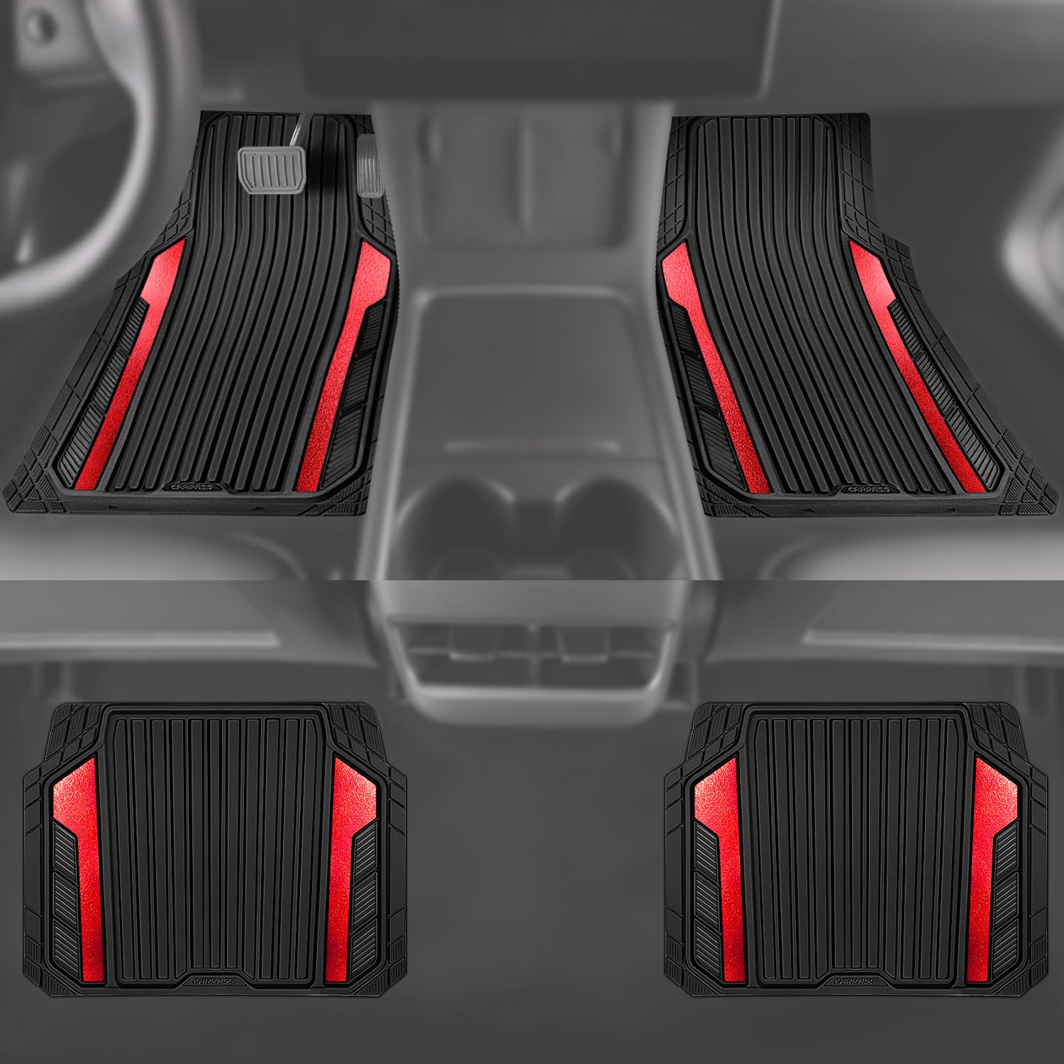 CAR PASS Heavy Duty Rubber Car Mats Metallic, Aluminum Film All Weather Floor Mats Waterproof Universal Trim to Fit Automotive SUV Sedan Van 4 Piece Anodized Deep Dish Two-Tone Sporty Black Red Chrome