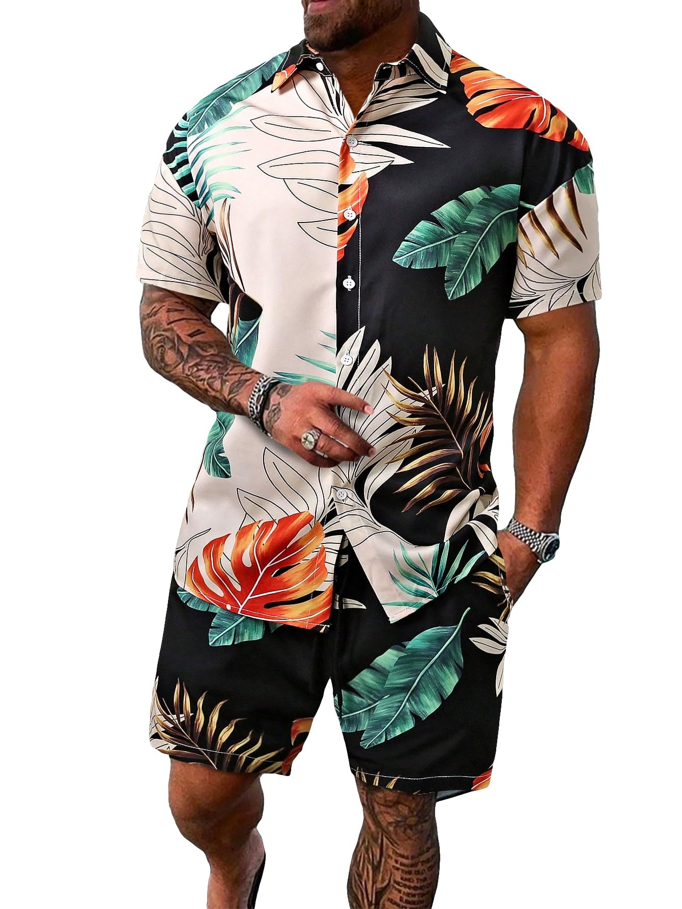 GORGLITTER Men's Vacation Beach Cruise Summer Outfits 2 Piece Shorts Set Hawaiian Button Down Shirt and Shorts Green Multi Large