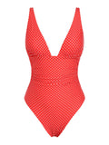 seamoly Red Polka Dot Print Plunging Neck One-Piece Swimsuit Red XS