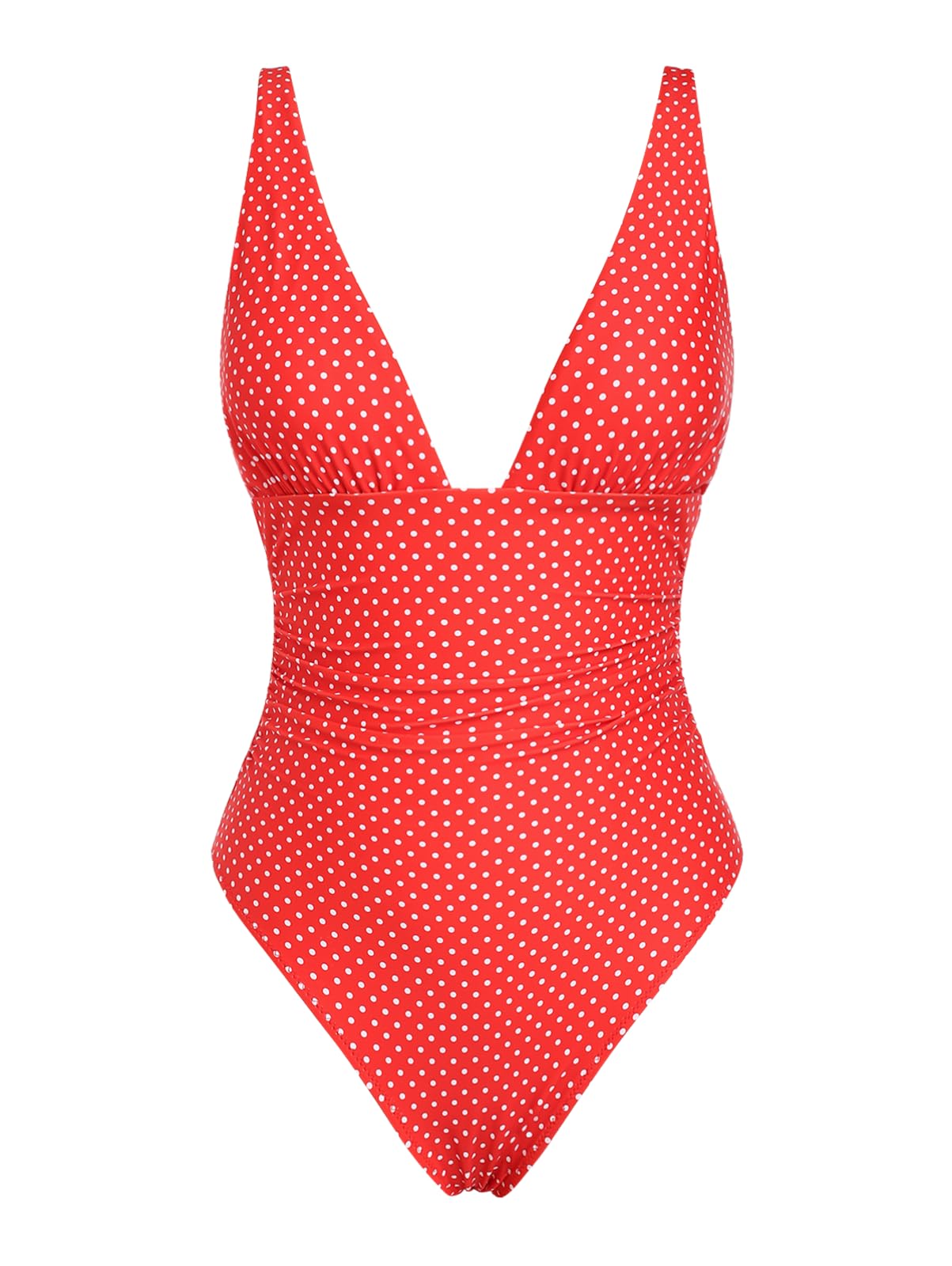 seamoly Red Polka Dot Print Plunging Neck One-Piece Swimsuit Red XS