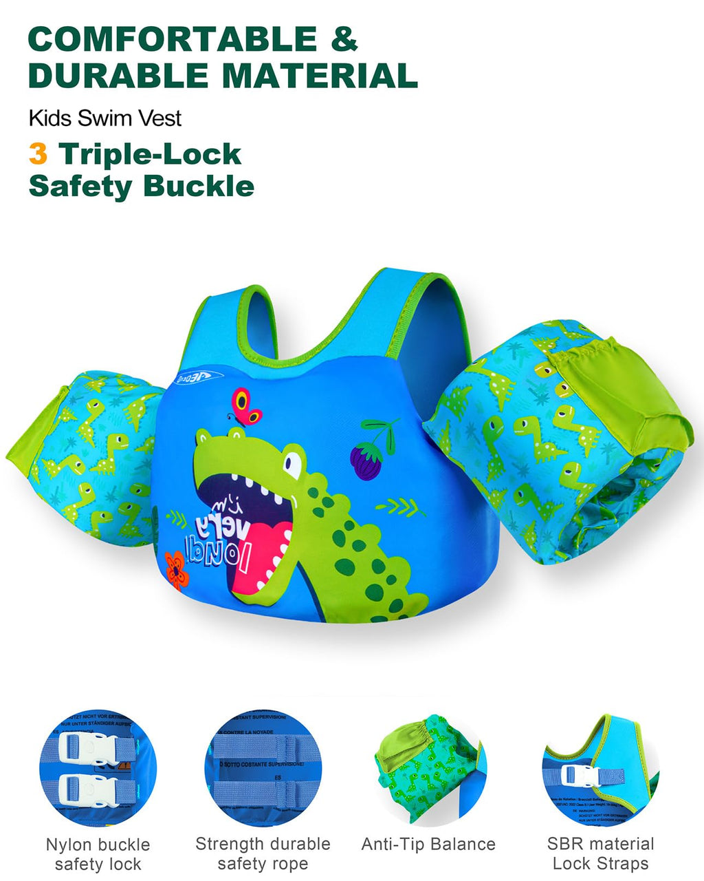AEOCOO Puddle Float Jumper 20-30-50 Pounds, Toddler Swim Vest for 1-3-5 Years Old, Pool Floats with Swimming Arm Floaties Swim Jacket with Water Wings for Kids Swimmies, Boys, Girls, Niños, Dinosaur