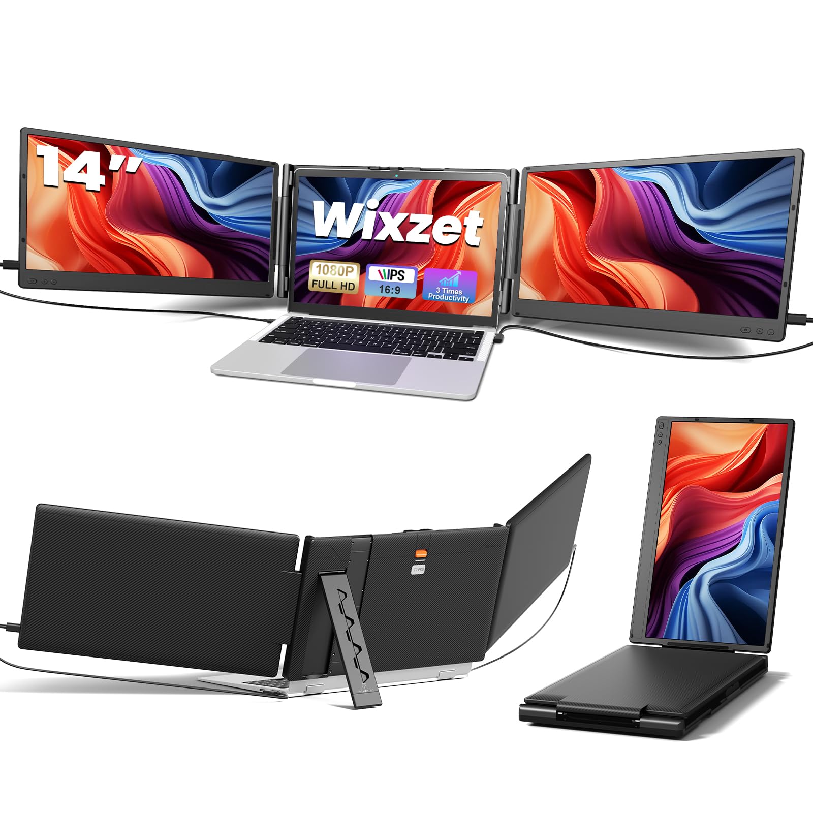 Wixzet Laptop Screen Extender, 14" FHD 1080P Portable Monitor for Laptop, Plug&Play Triple Screen Extender, Auto Adjust Width Dual Monitor for 13" - 17" Laptops, Compatible with MacOS/Wins/Chrome/Dex