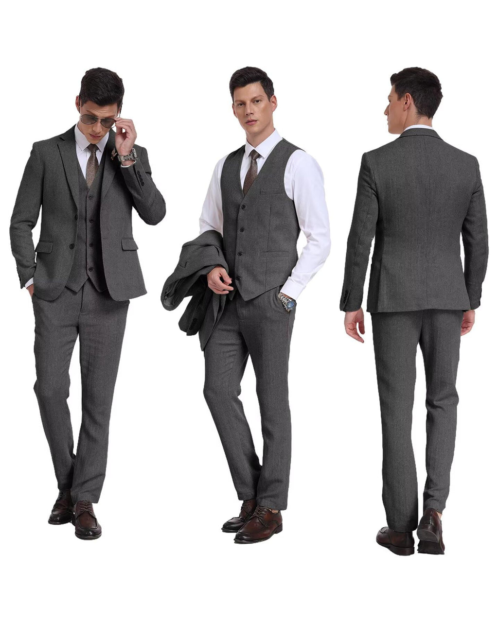 Herringbone Tweed 3 Piece Mens Suits Wool Blend Formal Party Dinner Tuxedo Set Business Suit Jacket Blazer Vest Pants for Men Grey Gray M