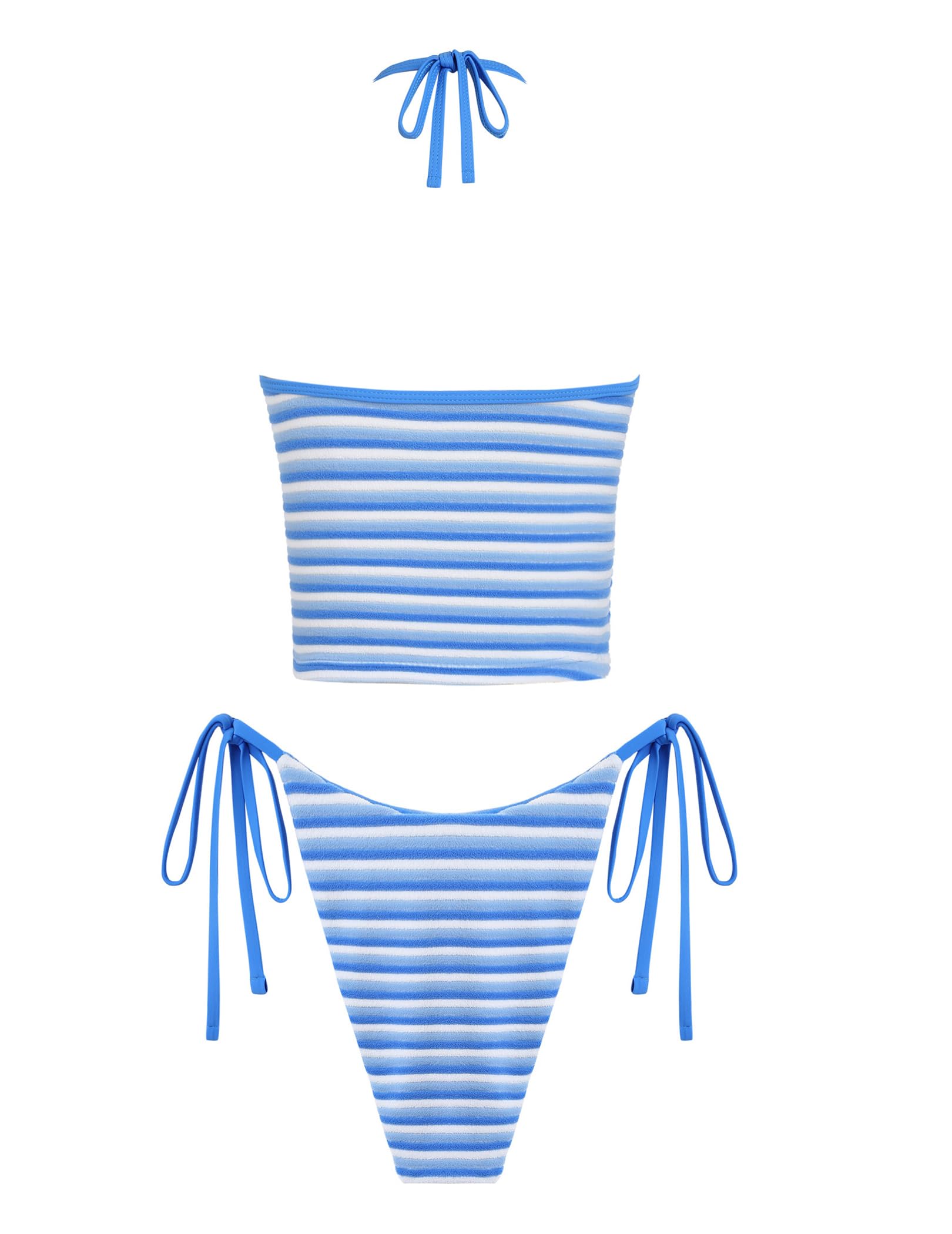 ZAFUL Striped Tankini Sets for Women Padded Swimsuit Halter Bikini High Cut 2 Piece Bathing Suit Color Block Swimwear Blue XS