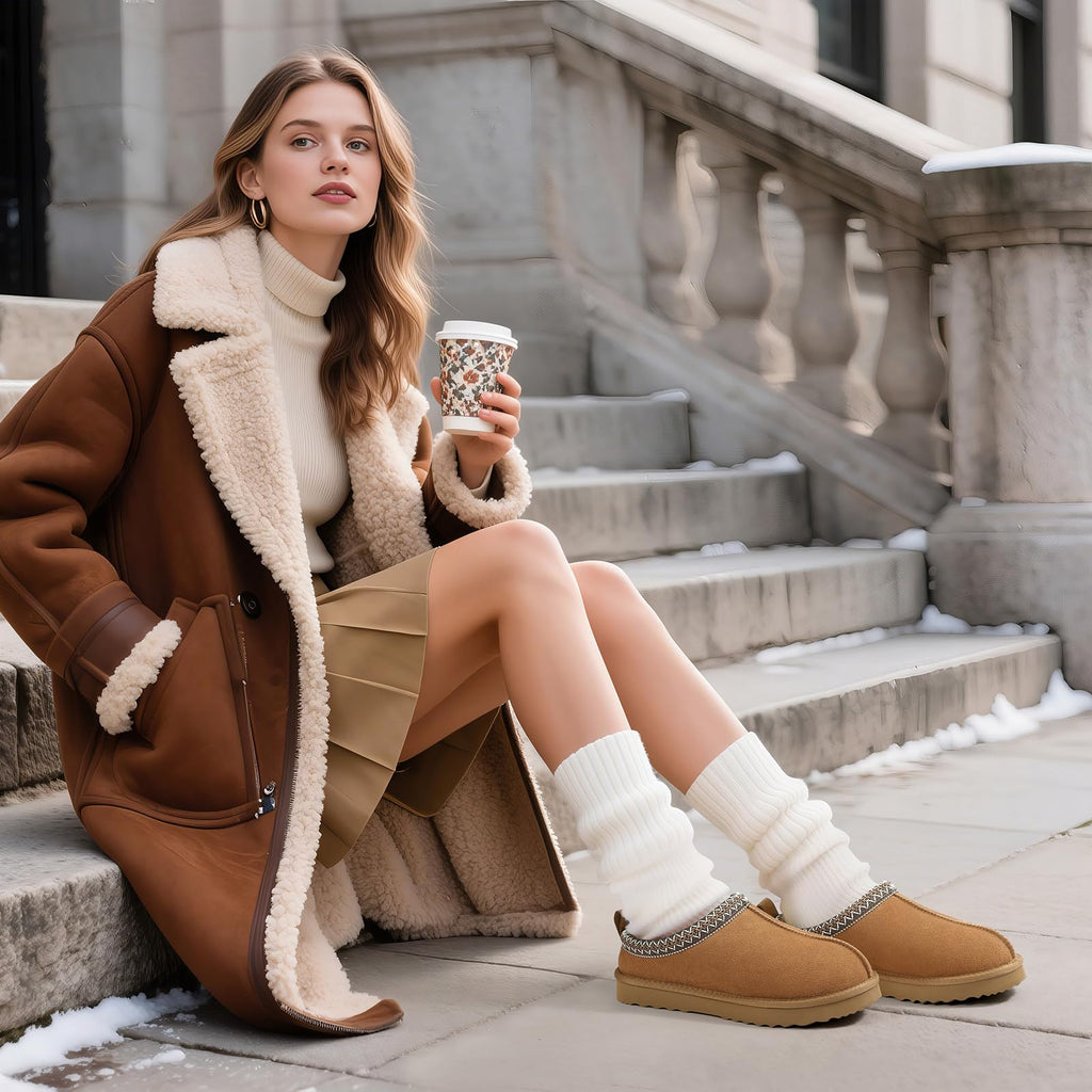 bebealy Genuine Suede Fuzzy Slippers for Women Winter Warm House Shoes Cozy Mini Boots for Indoor Outdoor, Chestnut 39