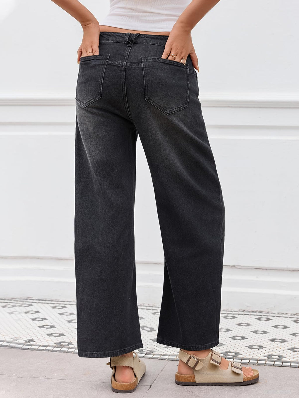 PEIHOT Mid Rised Barrel Jeans for Women Trendy Boyfriend Stretch Wide Leg Cropped Denim Pants with Pockets Black